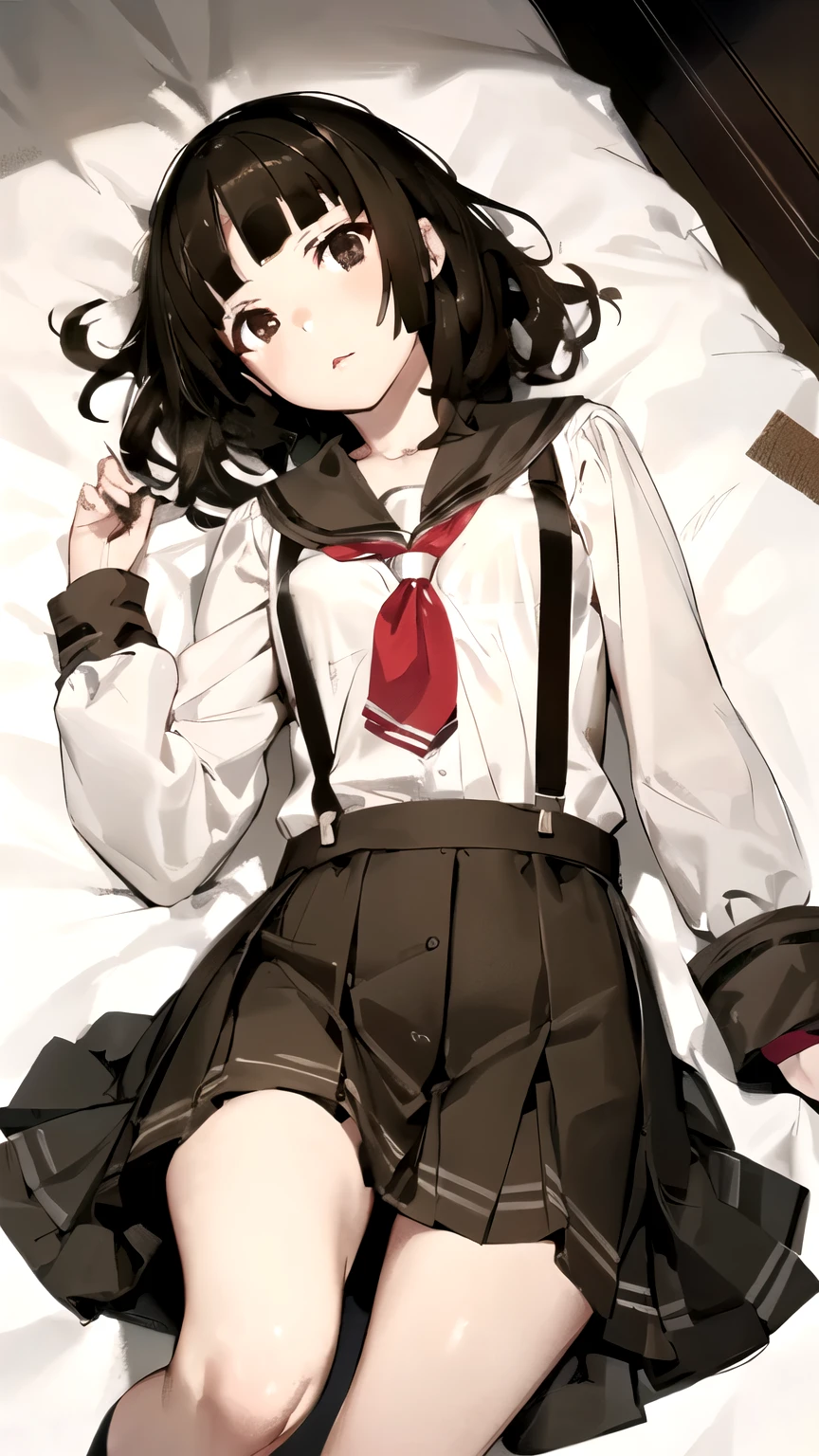 ((masterpiece,best quality)), {DATE_artstyle_LoRA : Manga_Style} {horror_edit : creepy_room_aura} {partially_monochrome} { (aanadeko, medium hair, brown hair, blunt bangs, brown eyes, brown skirt, perfectly_small_shape_breast : perfectly_slender_body : petite : } { school uniform, sailor collar, red neckerchief, suspenders }}  {   } {lying_down} { no_emotion : hypnotic_eyes : hypnotized_eyes } { sweating  } { } : dark : creepy otaku room : messy  }
