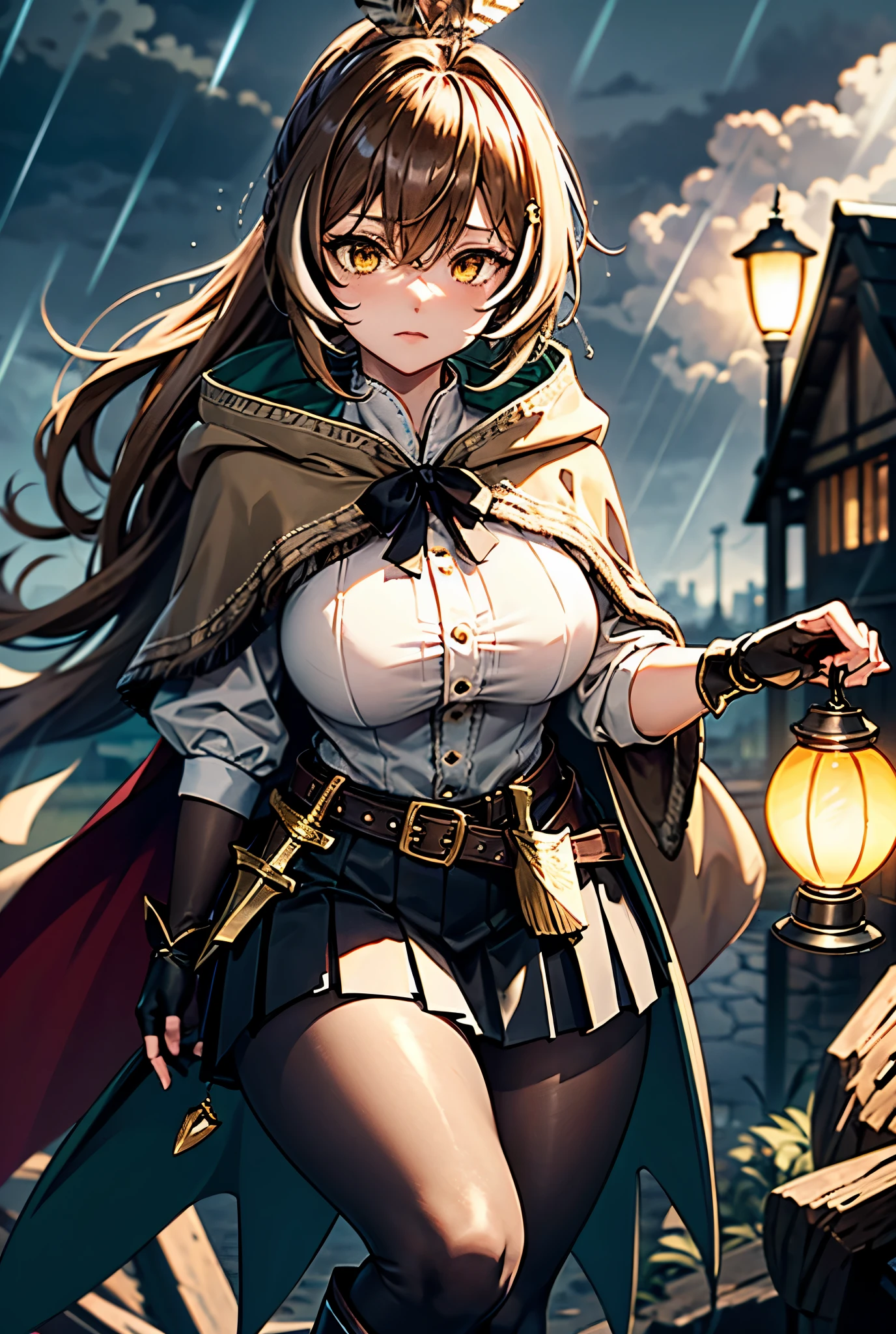 Nanashi Mumei. golden eyes and long, brown ponytail hair with a pair of feathers atop her head. brown cloak secured with a ribbon. Fingerless gloves. belt wrapped around her waist with a lantern and a dagger. pleated skirt. leggings reaching above her thighs. brown boots. Big storm in the background, roof, rainy background, heavy rain