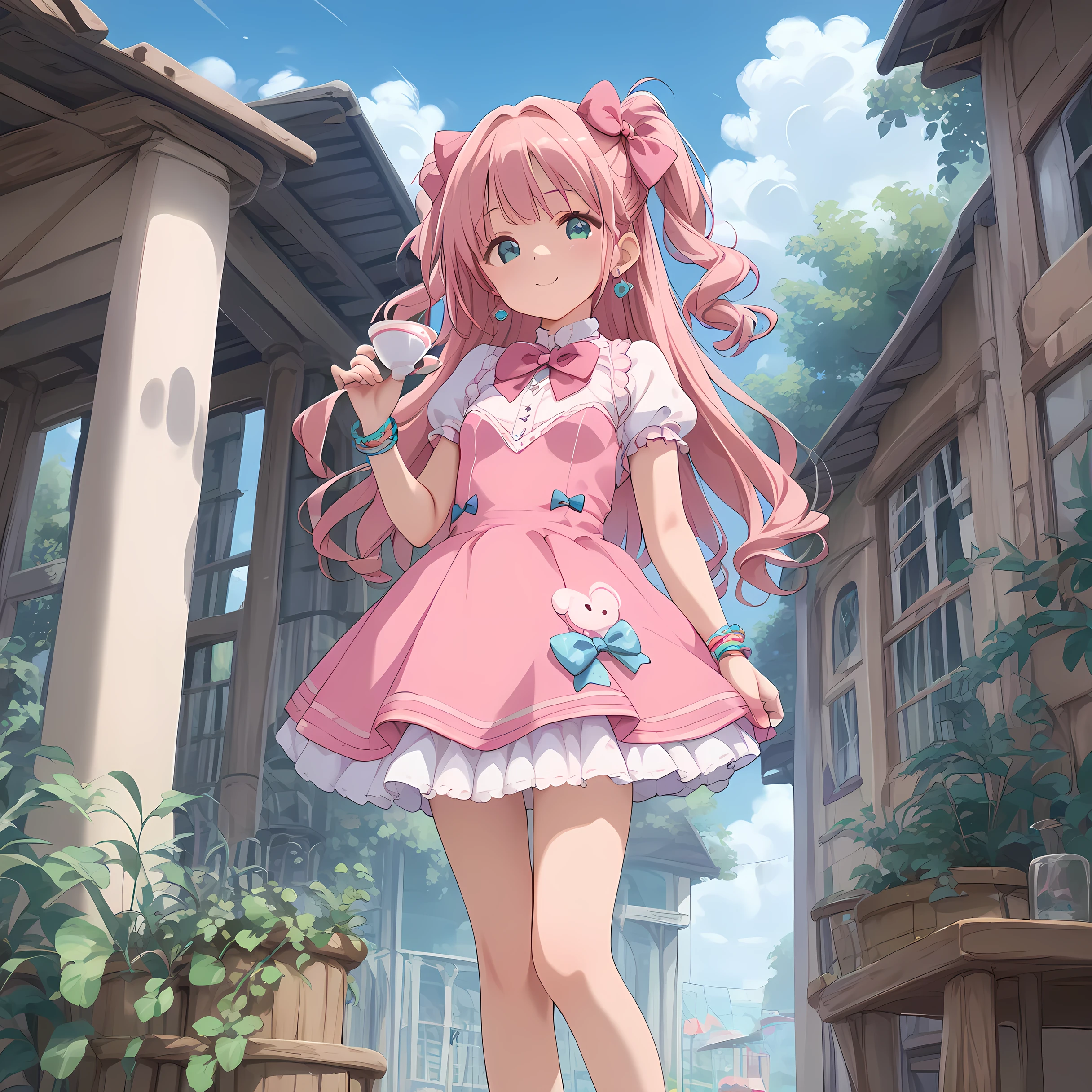 score_9, score_8_superior, score_7_superior, masterpiece, best quality, absurdres, high_fidelity, vibrant, sauce_anime, (rating_explicit:1.2), super detailed, Adorable, Shimamura Uzuki, idol costume, pink dress, tea hair, dress, bow, long hair, hair bow, jewelry, earrings
