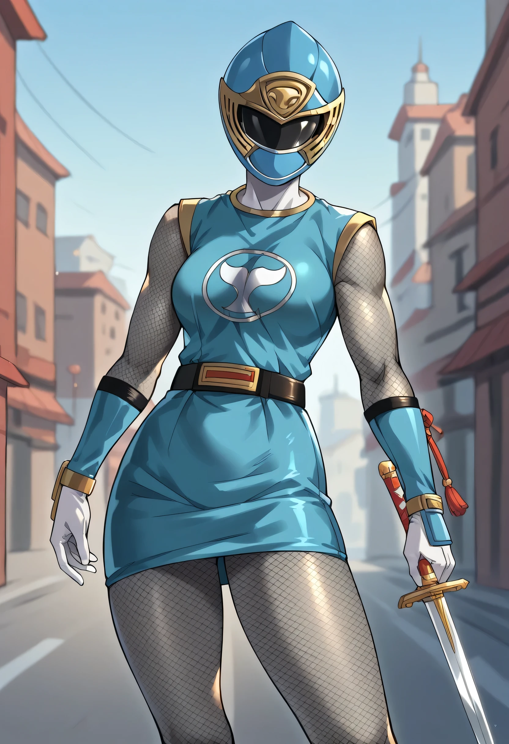 1girl, solo, super sentai, ninja, short dress, sleeveless, fishnets, Fishnet Pantyhose, fishnet armwear, skirt, belt, gloves, helmet, visor, outdoors, city score_9, score_8_up, score_7_up, score_6_up, score_5_up, score_4_up, BREAK source_anime, masterpiece, heroic pose, sword ninja