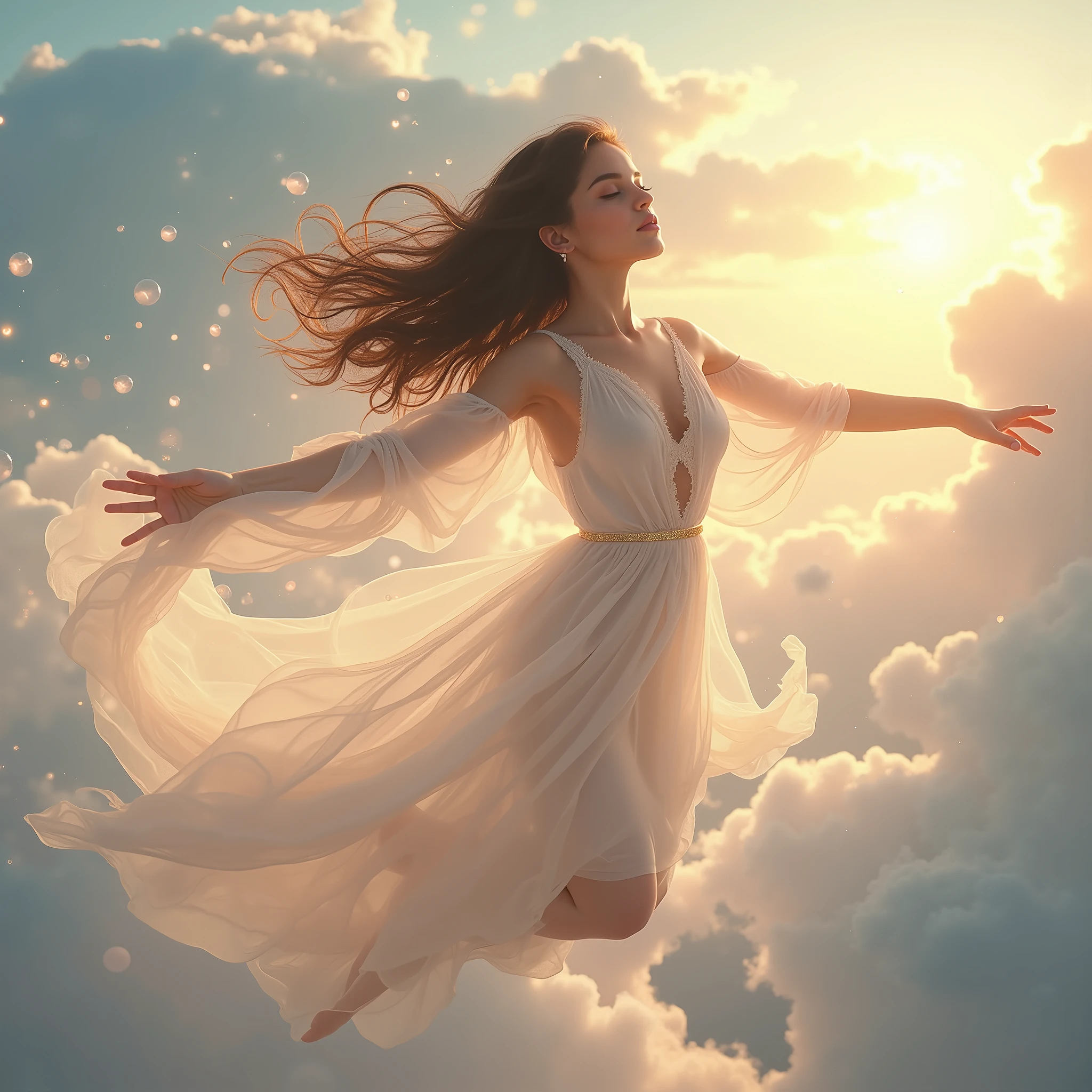 Mix between Selena Gomez and Jenna Ortega, masterpiece, ultra-realistic, 8K. Éliana Morel embodies the elegance and freedom of air, floating gracefully within an infinite celestial sky.
Scene details:
Éliana hovers effortlessly among swirling clouds, her wavy brown hair swept gently by invisible winds. Her hazel eyes, glowing softly, reflect the golden sunlight breaking through the sky. Around her, luminous air currents form intricate spirals, creating a dreamlike scene of weightlessness.
Posture:
Éliana extends her arms outward as if guiding the winds. Her lightweight, translucent gown flutters with the breeze, blending seamlessly into the flowing air currents. Her serene expression exudes both control and liberation.
Ambiance:
The sky is painted in hues of pale blue, lavender, and gold. Gentle whispers of wind and soft echoes fill the air, creating a calming yet dynamic atmosphere.
Magical elements:
Translucent orbs of air shimmer as they float around Éliana, refracting the sunlight like prisms. Trails of light ripple outward with her movements, forming fleeting air symbols that dissolve into the sky.
Parameters:
Ultra-realistic photography, 8K resolution, HDR rendering. Éliana, with her wavy brown hair and glowing hazel eyes, embodies the boundless beauty and grace of air.