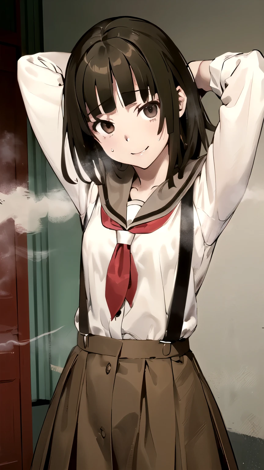 ((masterpiece,best quality)), {DATE_artstyle_LoRA : Manga_Style} {horror_edit : creepy_room_aura} {partially_monochrome} { (aanadeko, medium hair, brown hair, blunt bangs, brown eyes, brown skirt, perfectly_small_shape_breast : perfectly_slender_body : petite : } { school uniform, sailor collar, red neckerchief, suspenders }} { : evil_smile : devious } {posing : arm_behind_head } { possessed :} { steaming_body : sweating } { } : dark : creepy otaku room : messy }