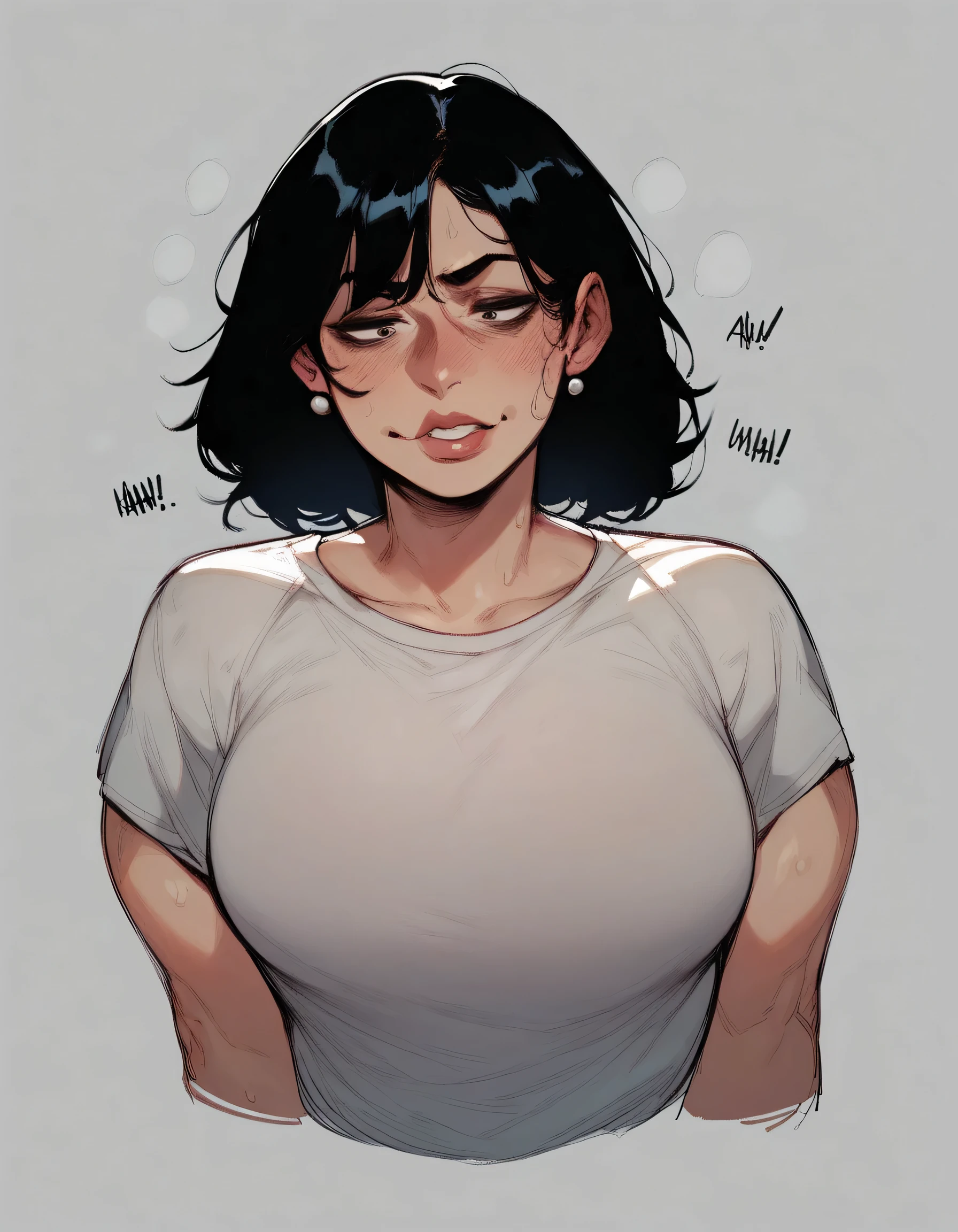 A beautiful girl in an embarrassing outfit showing an embarrassed expression