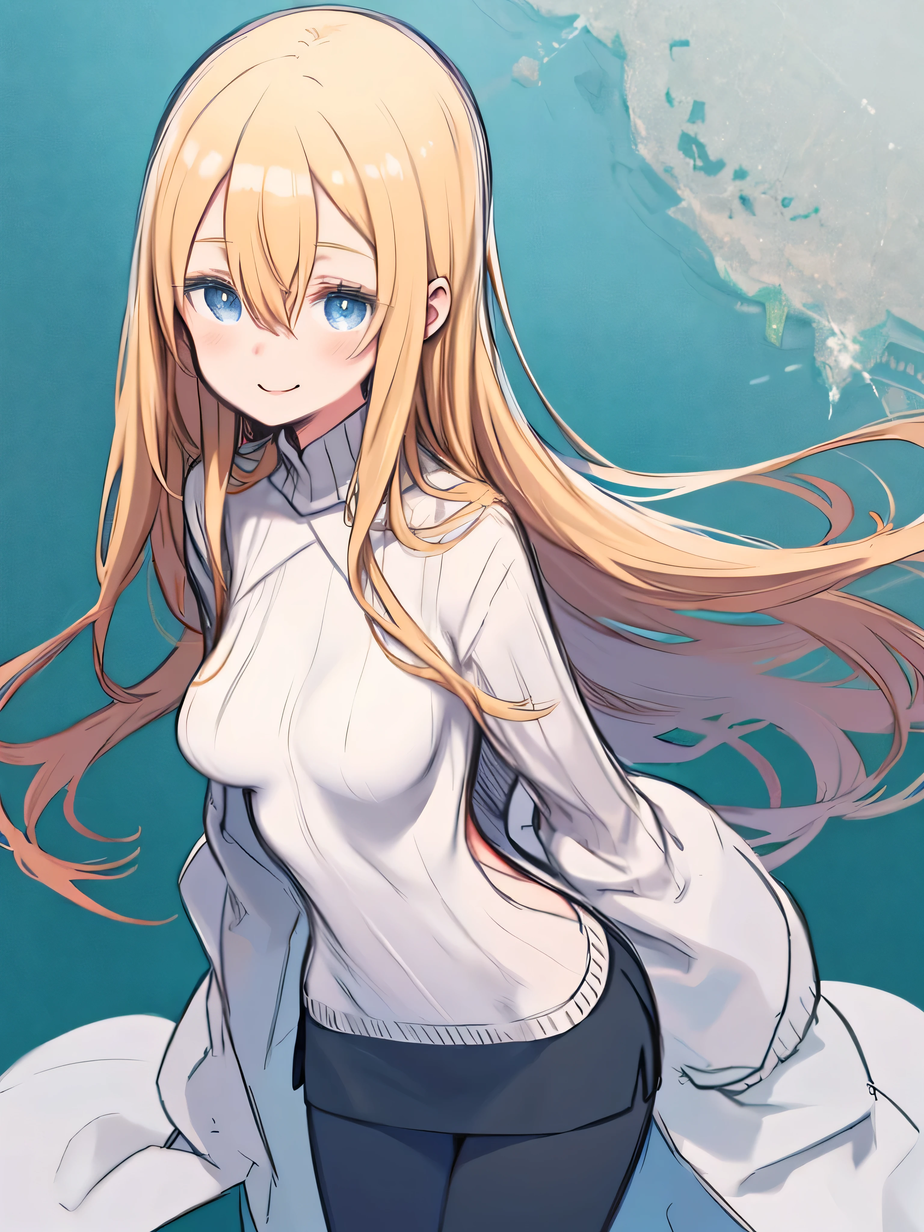 one woman, No Shadow, flat design 、 Flat Color 、sketch、Big Breasts、smile、 upper body、Thigh Gap、 cute、 green turtleneck sweater、DARK GREEN PENCIL SKIRT 、Clothes showing body line 、 standing、 blonde hair、 straight long hair、hair between eyes、 blue eyes、