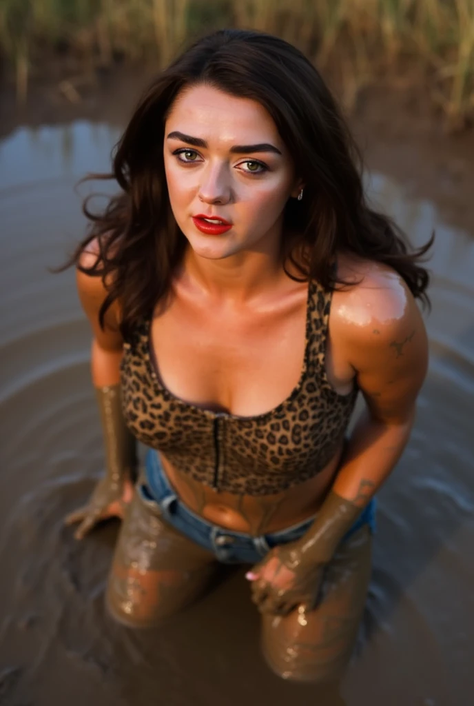 Hyper-realistic photograph of a woman jumping from the 1-meter board into a pool filled with mud, thong, 30-year-old women smeared with mud, Lena Meyer Landrut, dance pose, light blue underbust corset smeared with mud, ruffles, black tulle skirt smeared with mud, light blue high heels sandals smeared with mud, black fishnet tights, the entire body, red curly hair and clothes are smeared with mud, high quality, realistic lighting, center of the image, hourglass proportions, 8k, HDR, BDSM, medium chest size, long legs, tinted, professional photography of a woman, natural skin texture smeared with a lot of mud, 4K textures, Adobe Lightroom, Photolab, HDR, intricate, elegant, very detailed, sharp focus, insane details, intricate details, hyper-detailed, bright cinema light, outdoor atmosphere, chin pulled up, (exposed belly: 1.8 ), (long-distance), dominant Facial expression