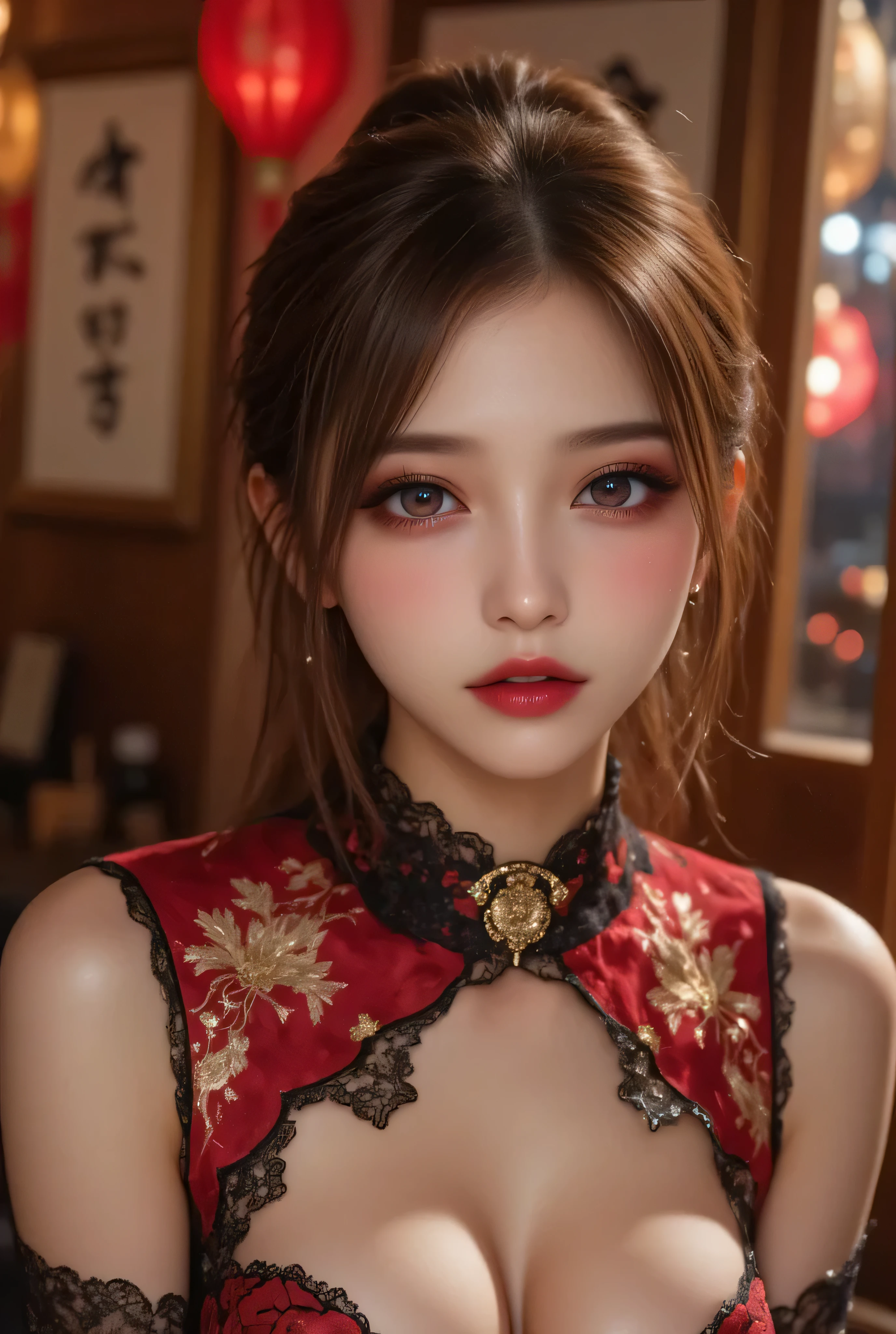 Realistic, masterpiece, Highest quality, Highest Resolution, Anatomically correct, Accurate Anatomy, 7 heads, Height: 165cm, One Japanese woman, Staring at the audience, Open your mouth and laugh, Staring at the audience, Fine and beautiful eyes, Sparkling eyes, Thin eyebrows, Gives lashes a delicate finish, False eyelashes, (Chinese traditional makeup:1.2), (Dumpling＋Braided hair, Blunt bangs, Brown Hair:1.2), Detailed face, Sharp Eyes, (Traditional Chinese Dress, Clothes that fit snugly to the body, Random Color:1.3), Upper body photo, Background like ink painting