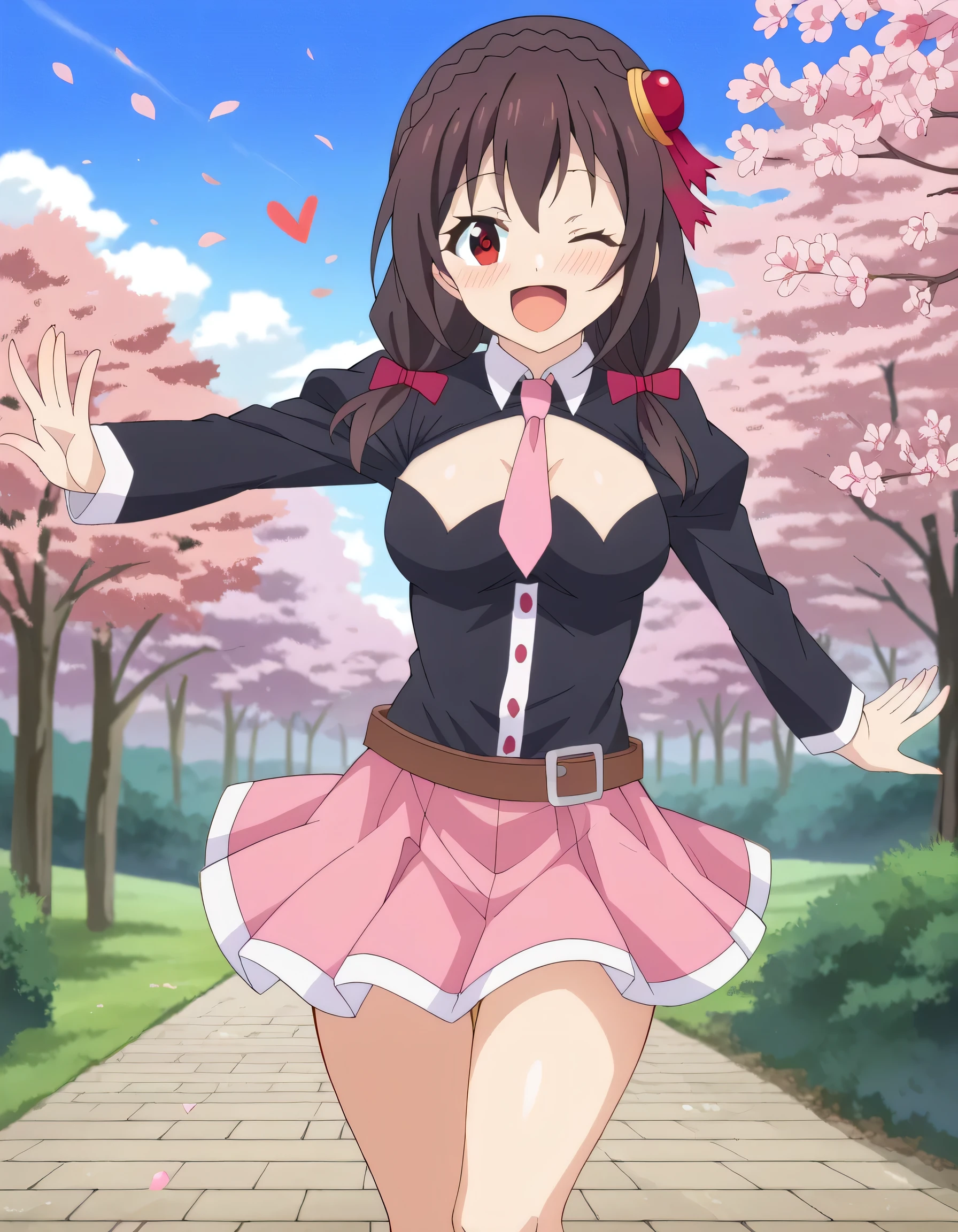 HD, High Quality 、
Yunyun、 black hair, Hair Accessory , red eyes, , braided , crown braided ,
skirt , thighs, Long Sleeve, ties, belt, Outfit Cutout, Cleavage Cut Out, pink skirt , pink ties,
(smile)、(blush)、(Background is cherry blossoms)、blue sky、Walking、 open your mouth and laugh、♥️、 heart mark、(Cherry blossoms are dancing in the wind all over the screen:1.2)、 view viewer、 I have one eye closed