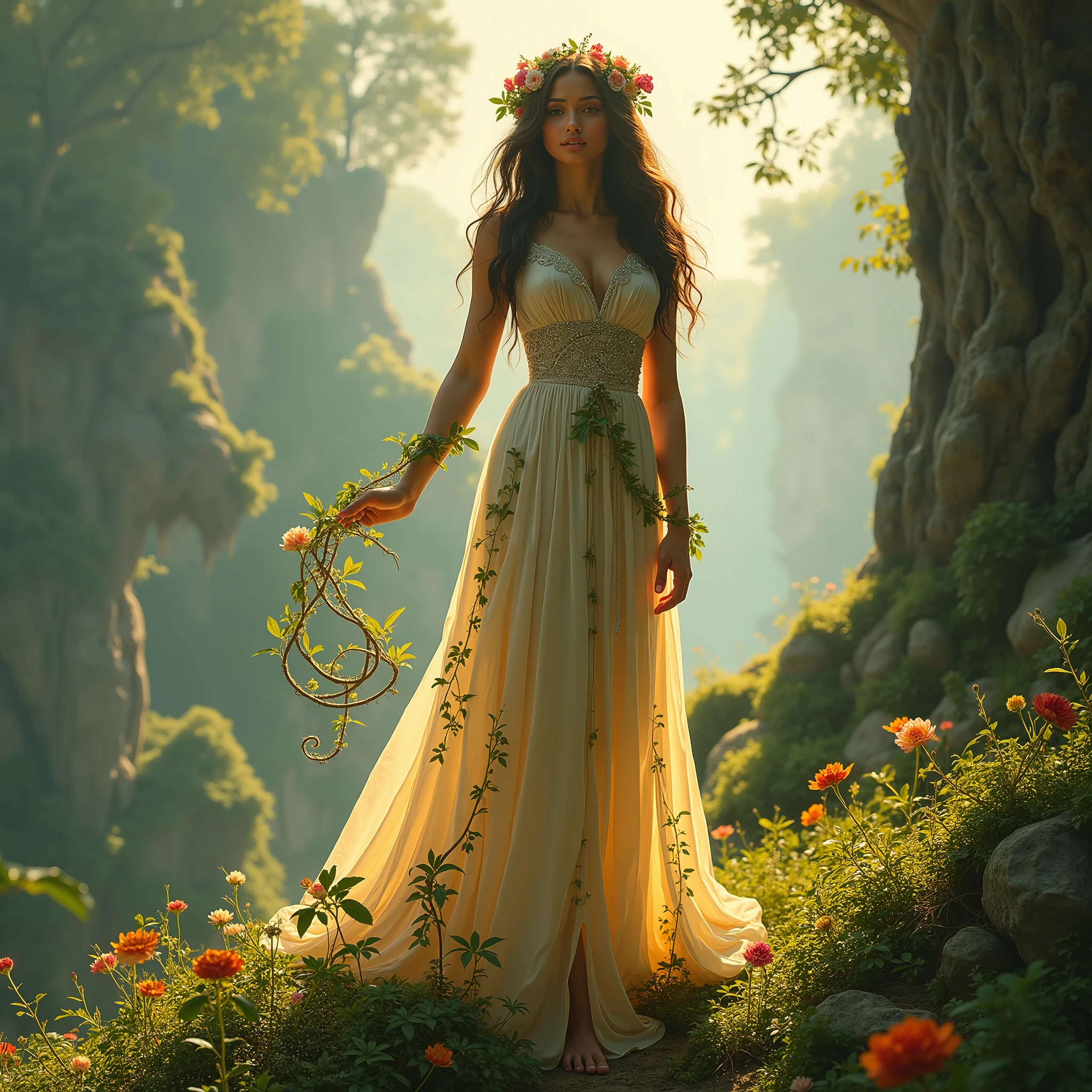 Mix between Selena Gomez and Jenna Ortega, masterpiece, ultra-realistic, 8K. Éliana Morel represents the nurturing and resilient force of earth, standing as a divine figure in a lush, vibrant realm.
Scene details:
Éliana stands barefoot on a glowing, verdant hilltop, surrounded by towering ancient trees and majestic rock formations. Her wavy brown hair, adorned with blooming wildflowers, cascades over her shoulders. Her hazel eyes, serene and grounding, reflect her deep connection to the earth’s energy. Vines and roots twist and rise around her, responding to her presence.
Posture:
Éliana stands firmly grounded, one hand raised to guide the intertwining vines while the other rests lightly on a glowing crystal. Her gown, adorned with leaf and vine patterns, flows seamlessly into the surrounding greenery.
Ambiance:
The scene is alive with vibrant hues of green, gold, and earthy browns. The soft rustle of leaves and distant birdsong fill the air, creating a sense of harmony and life.
Magical elements:
Flowers bloom instantly beneath Éliana’s feet, while the vines she commands glow faintly as they spiral into protective shapes. The glowing crystal beside her pulses softly, amplifying her connection to nature.
Parameters:
Ultra-realistic photography, 8K resolution, HDR rendering. Éliana, with her wavy brown hair adorned with flowers and serene hazel eyes, embodies earth’s strength and vitality.