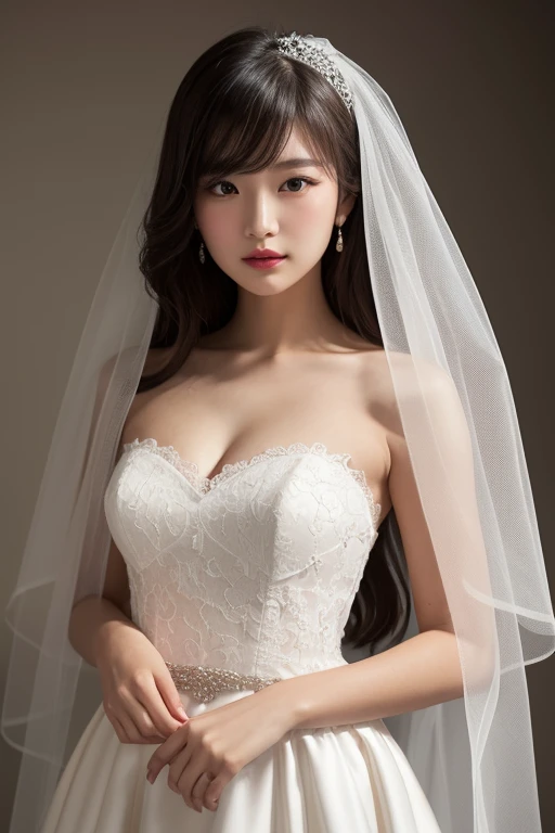 (((forehead、Northern Europe、White people、beautiful girl、Black Hair、White background、Wedding dress)))、table top, highest quality, figure, super detailed, finely, High resolution, 8k wallpaper, Perfect dynamic composition, detailed and beautiful eyes, Deco out,blonde, medium hair, super big breasts, natural color lip,white background, random cute poses,frill dress