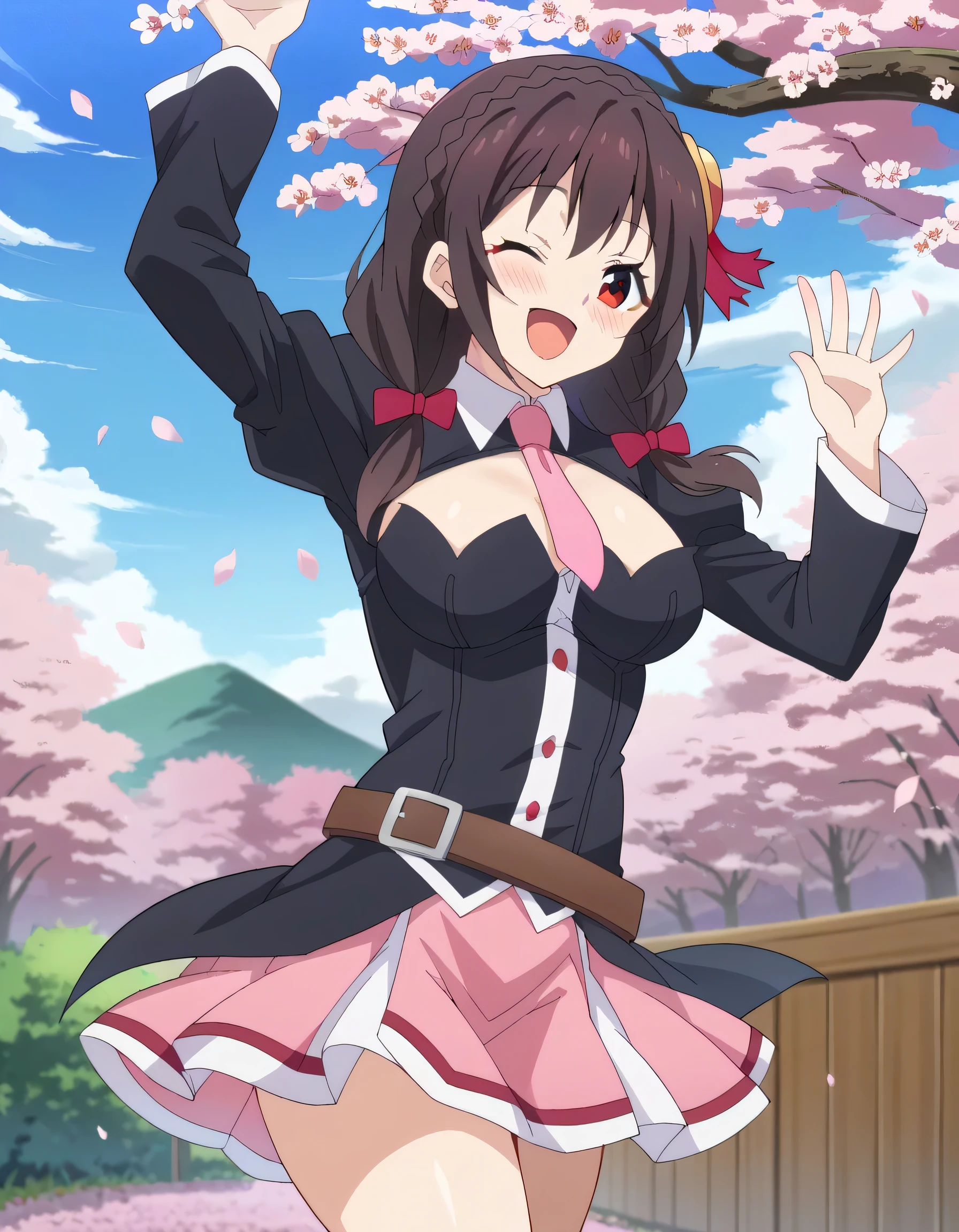 HD, High Quality 、
Yunyun、 black hair, Hair Accessory , red eyes, , braided , crown braided ,
skirt , thighs, Long Sleeve, ties, belt, Outfit Cutout, Cleavage Cut Out, pink ties,
(smile)、(blush)、(Background is cherry blossoms)、blue sky、 open your mouth and laugh、♥️、 heart mark、(Cherry blossoms are dancing in the wind all over the screen:1.2)、 view viewer、 I have one eye closed,upper body