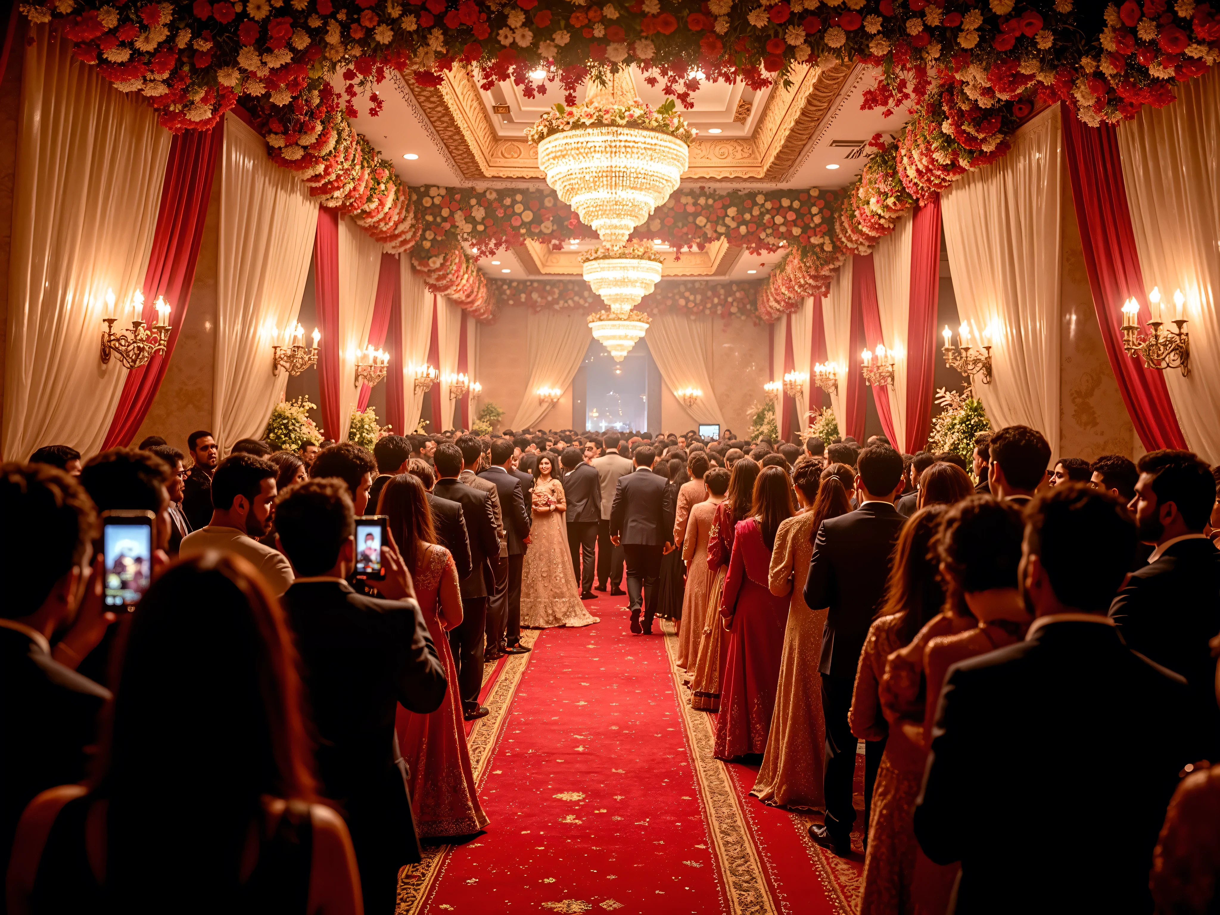 High-resolution, photorealistic night scene of a grand Pakistani wedding entrance hall. The hall is adorned with lush, vibrant floral arrangements, draped fabrics, and a dramatic red carpet. A sea of guests, resplendent in traditional attire (sherwanis, lehengas, suits), gaze directly at the camera with hyper-realistic, intense expressions, while some guests are seen taking pictures with their phones and cameras. HDR lighting illuminates the scene, enhancing the rich colors and intricate textures of the elaborate decor. The resulting image captures the opulence, energy, and immersive atmosphere of a Pakistani wedding celebration.