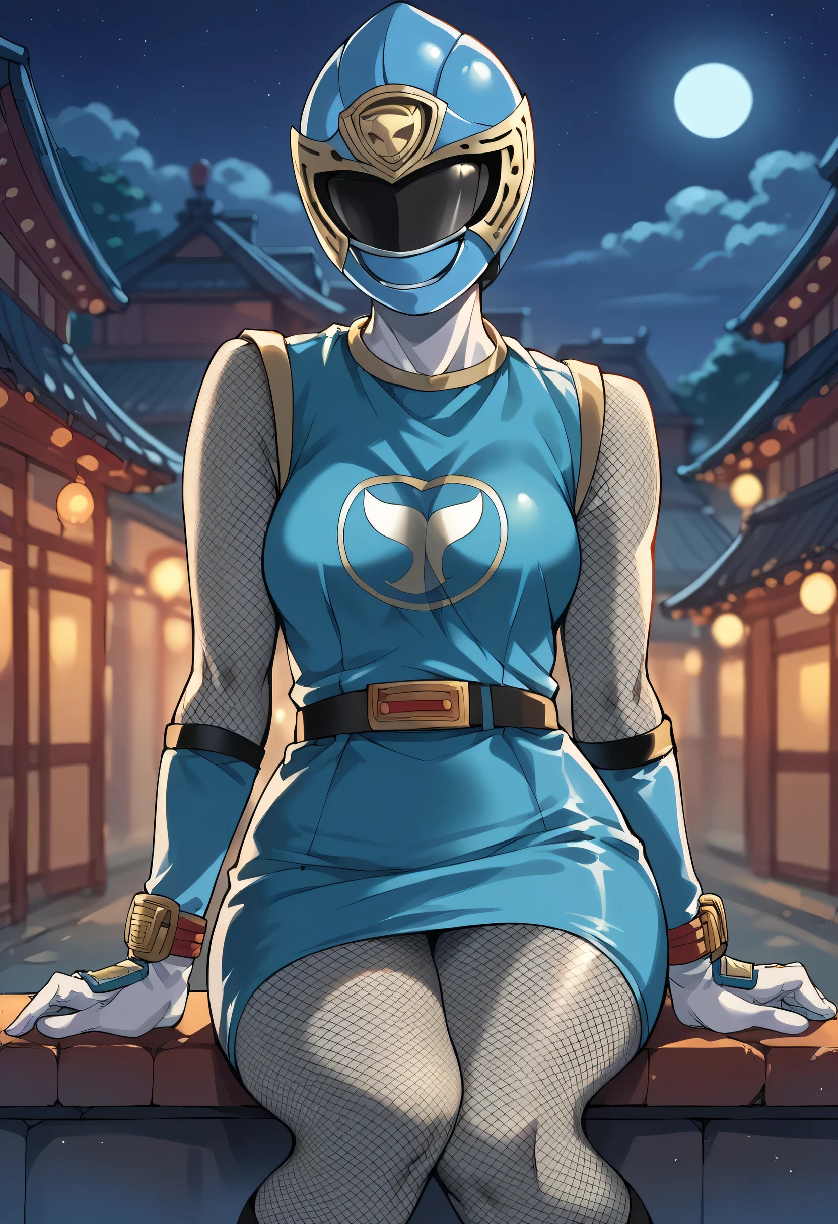 1girl, solo, super sentai, ninja, short dress, sleeveless, fishnets, Fishnet Pantyhose, fishnet armwear, skirt, belt, gloves, helmet, visor, night, source_anime, masterpiece, sit