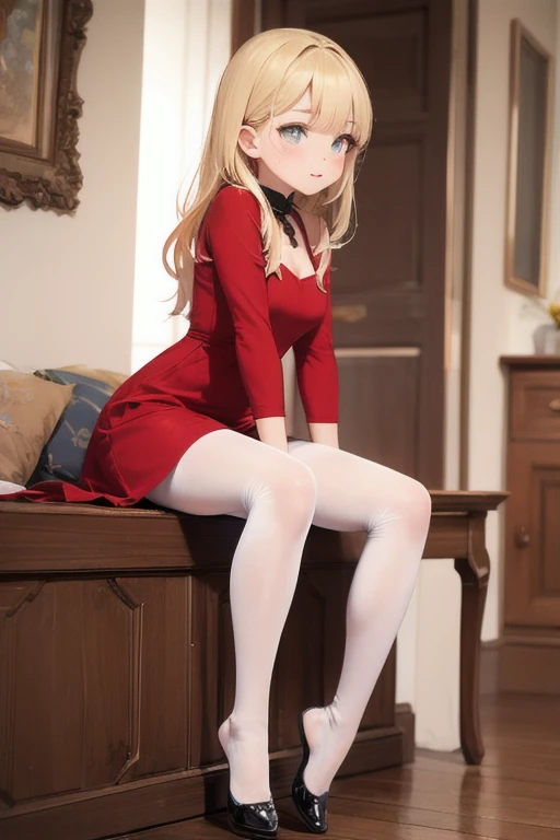 whaite hair,The hairline has blonde strands,Wear a pair of red leather shoes。On the legs are white and powdery stockings。The face is covered with red blush,The corners of the mouth are slightly open,It reveals an expression of desire and dissatisfaction