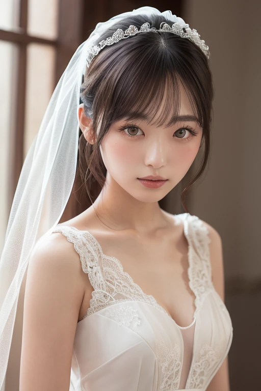 8k, Ultra-high resolution, Highest quality, masterpiece, 三分割法によるphotograph,Surreal, photograph, 1 Girl, (:1.3), pretty girl, Cute Face, Beautiful eyes in every detail, 細かくdetailedに,masterpiece,One Girl:1.2,Japan Female Teachers,extream close up,sad,light smile,Black short hair,Bob with bangs,(印象派の美しい少女のPortraiture),(Impressionist light and colour), (Gray background:1.3),(White Wedding Dress:1.3),(Fairy, bride, Shiny Hair, Beautiful dark eyes, So cute and beautiful,16 years old0.8),Sharp contours,Looking down, (Wedding Veil,White lace), Light from above, (Side view),, Perfect and beautiful face ,完璧でCute Face, Skin with attention to detail, Perfect limbs、Narrow waist,Looking at the audience,(((Ideal body type))),A cup small breasts :2,Portraiture:2,Perfect Anatomy,鮮明なdetailed,detailed,Surreal,Light and shadow,glowing
