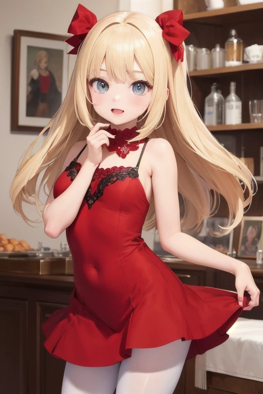 (masterpiece, best quality), 1girl, blonde hair, red dress, pantyhose, cute face, blush, <lora:add_detail:1>
