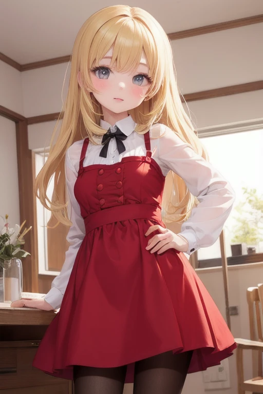 (masterpiece, best quality), 1girl, blonde hair, red dress, pantyhose, cute face, blush, <lora:add_detail:1>