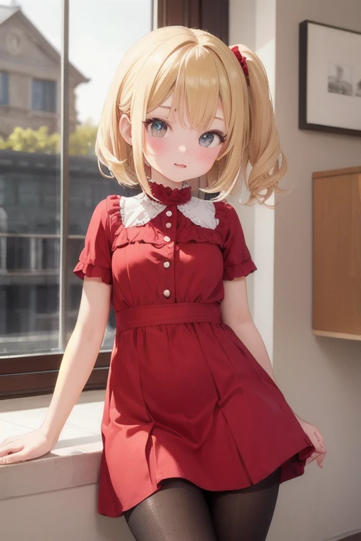 (masterpiece, best quality), 1girl, blonde hair, red dress, pantyhose, cute face, blush, <lora:add_detail:1>