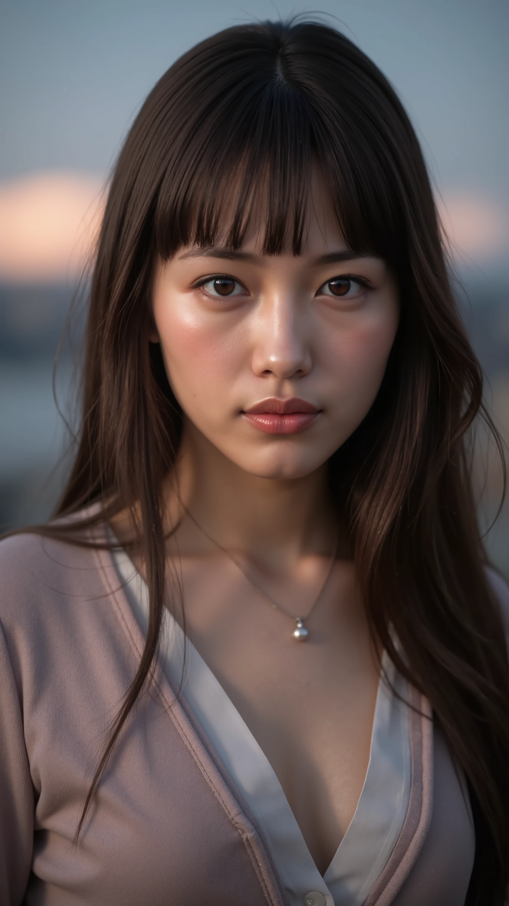 The high resolution photograph of a young Japanese woman, masterpiece, best quality, amazing quality, realistic, photo-realistic, intricate details, extremely detailed, 8k, RAW photo, sharp focus, professional lighting, portrait, solo, 1girl, an elegant lady, revealing fashion,,,, dark hair, detailed hair, detailed face, detailed eyes, sophisticated nose, fine-textured skin, pale skin,,,,, outdoors, at dusk, 