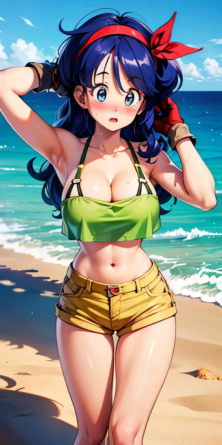 1 Female,High definition,high resolution,Ultra-realistic,8K,Launch (blue Hair), angry,1girl, solo, blue hair, gloves, shorts, crop top, midriff, long hair, red hairband, yellow shorts,standing, solo, large_breasts, standing, black bikini,micro bikini,masterpiece, best quality, detailed face, detailed eyes, highres,European,sexy,Photographed from the front,Dynamic Angles,blush, (big tits),(cleavage),cute face, facial, sweat, perfect face, perfect body,(wide thighs:1.5),cute face,(upper body),(arms behind head),beach ,sand, ocean ,(huge tits)