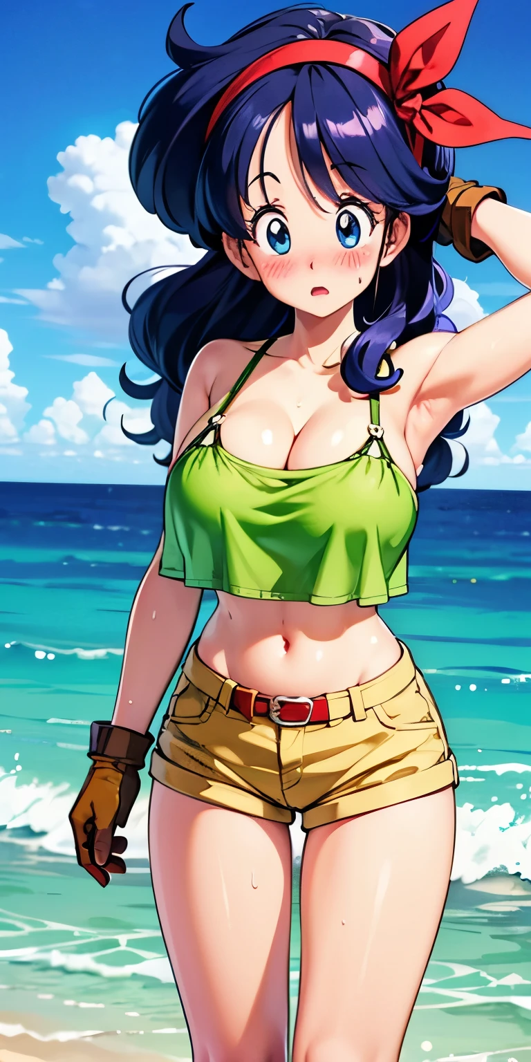 1 Female,High definition,high resolution,Ultra-realistic,8K,Launch (blue Hair), angry,1girl, solo, blue hair, gloves, shorts, crop top, midriff, long hair, red hairband, yellow shorts,standing, solo, large_breasts, standing, black bikini,micro bikini,masterpiece, best quality, detailed face, detailed eyes, highres,European,sexy,Photographed from the front,Dynamic Angles,blush, (big tits),(cleavage),cute face, facial, sweat, perfect face,  perfect body,(wide thighs:1.5),cute face,(upper body),(arms behind head),beach ,sand, ocean ,(huge tits)