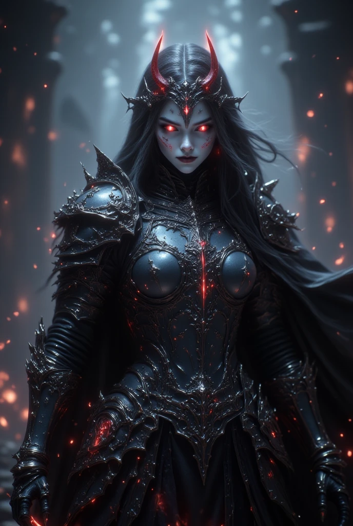 Create an image of the most stunningly gorgeous beautiful kijin, Stunningly gorgeous perfect face,  perfect makeup, detailed perfect silky smooth skin texture, detailed hour glass body figure, very long styled hair,  (matte black kijin armor spiked), ((underboob))), red horns, 