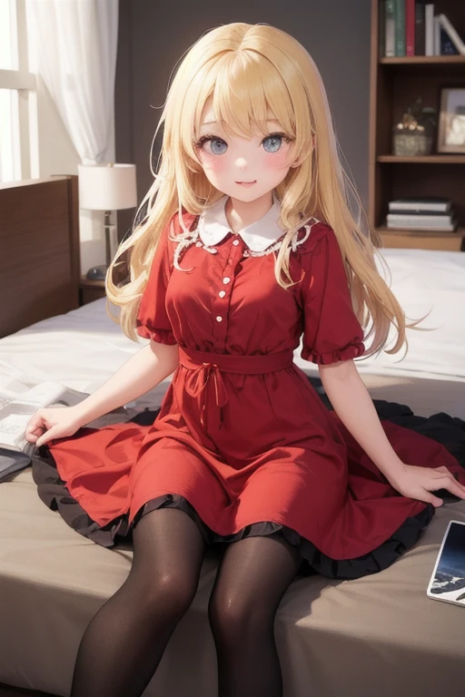 (masterpiece, best quality), 1girl, blonde hair, red dress, pantyhose, cute face, blush, <lora:add_detail:1>