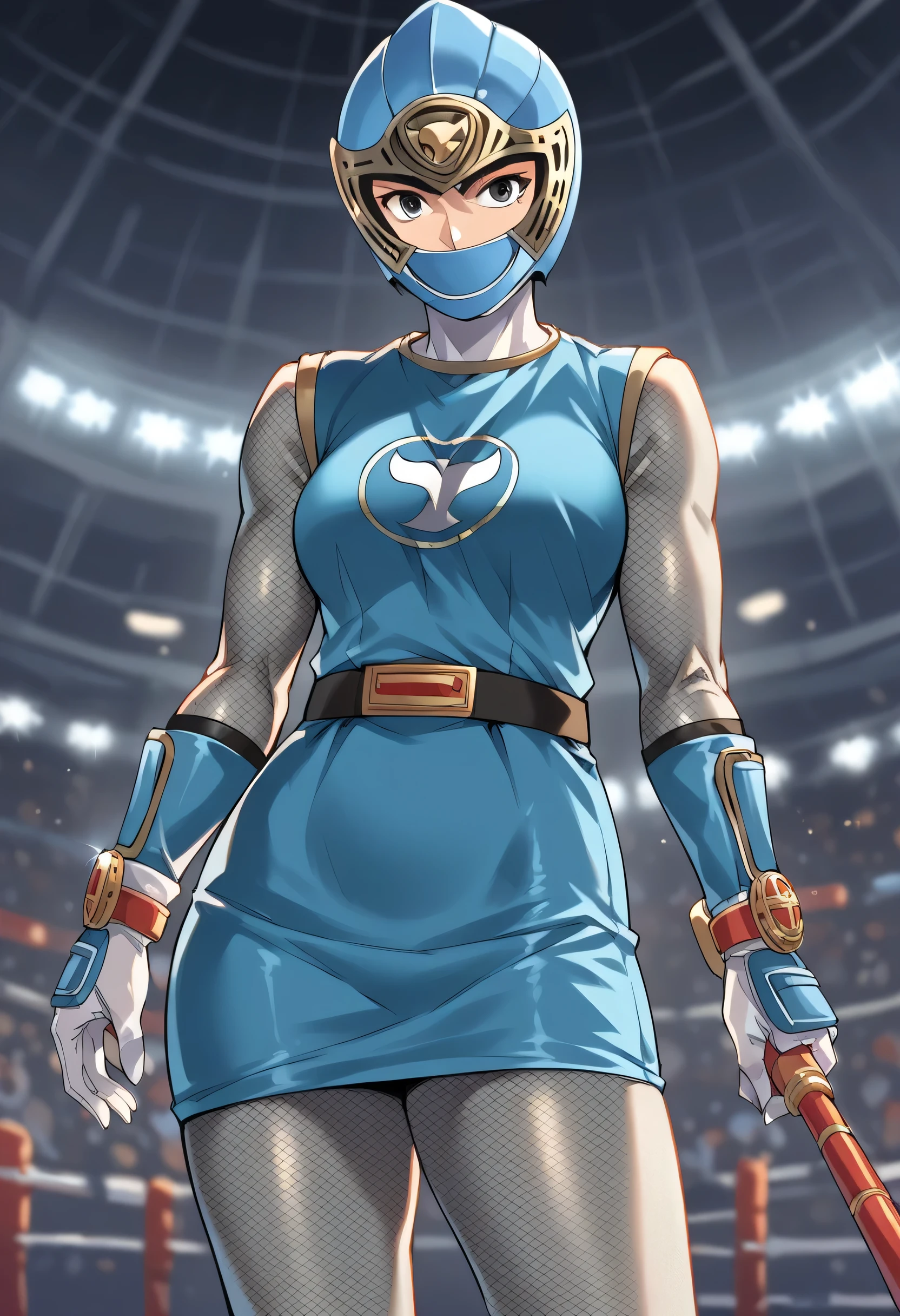 1girl, solo, super sentai, ninja, short dress, sleeveless, fishnets, Fishnet Pantyhose, fishnet armwear, skirt, belt, gloves, helmet, visor, source_anime, masterpiece, gym