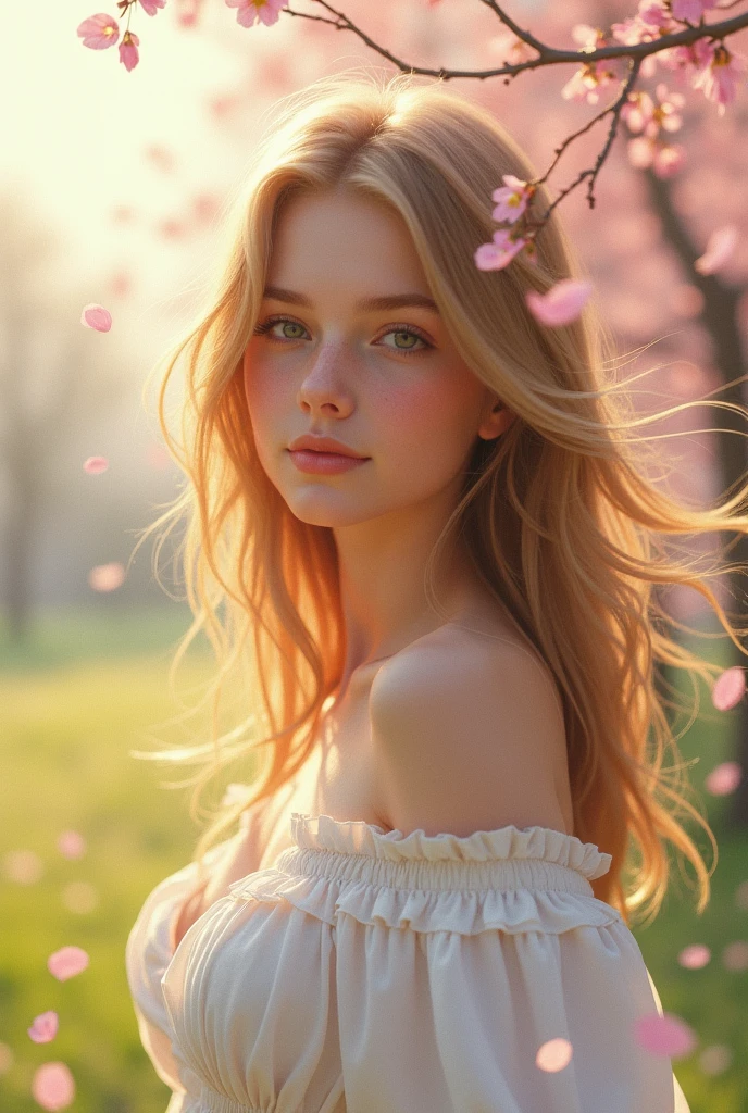 (Superbly crafted realistic paintings), (Scandinavian girl in her early teens:1.4), girl with medium−long platinum caramel hair, Small bulge, (Her nippleo large and erect that yo see them through her blouse), gentle smiley, Wearing white off-the-shoulder blouse, luminous design, pastel colors, ink dripping painting, A girl playing in the spring light, staring at viewer, (masterpiece, High quality:1.2), (8K HDR, RAW portrait:1.3), (Ultimately realistic 3D illustration), Upperbody shot, (hair waving in the wind:1.25), (Lots of beautiful petals dancing in the background:1.46), (Shining spring sunlight:1.44)