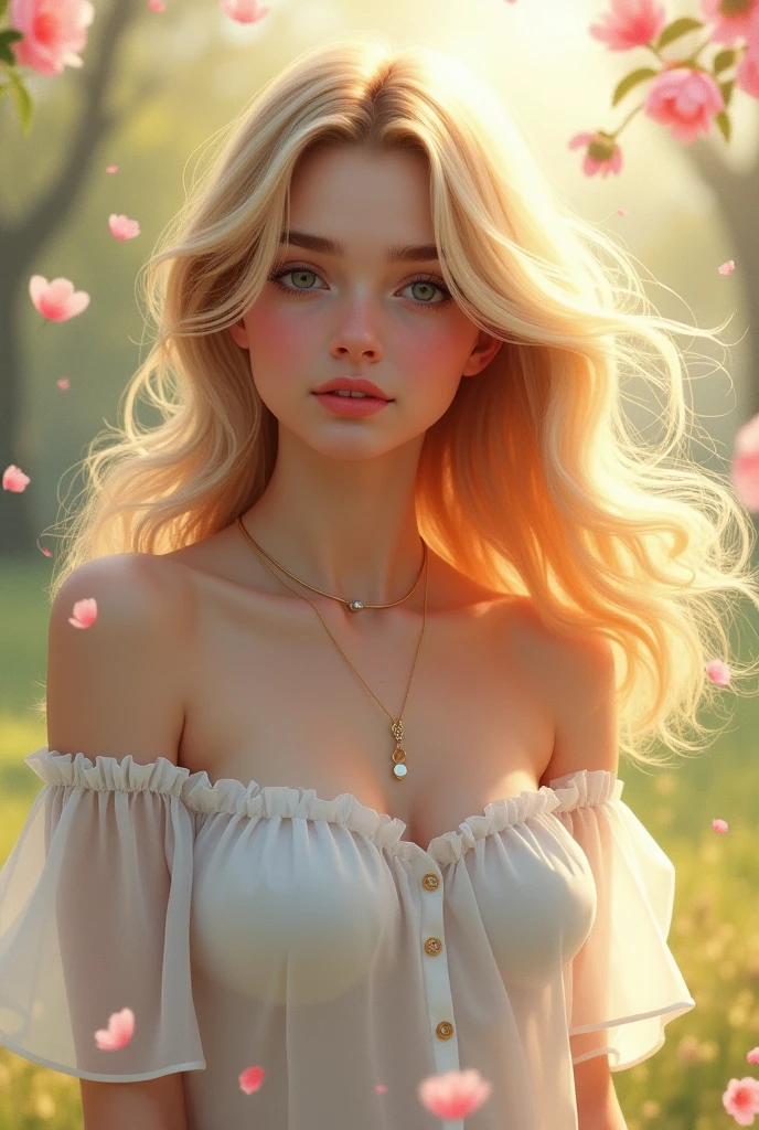 (Superbly crafted realistic paintings), (Scandinavian girl in her early teens:1.4), girl with medium−long platinum caramel hair, Small bulge, (Her nippleo large and erect that yo see them through her blouse:1.43), gentle smiley, (Wearing white transparent off-the-shoulder blouse:1.41), luminous design, pastel colors, ink dripping painting, A girl playing in the spring light, staring at viewer, (masterpiece, High quality:1.2), (8K HDR, RAW portrait:1.3), (Ultimately realistic 3D illustration), Upperbody shot, (hair waving in the wind:1.25), (Lots of beautiful petals dancing in the background:1.46), (Shining spring sunlight:1.44)