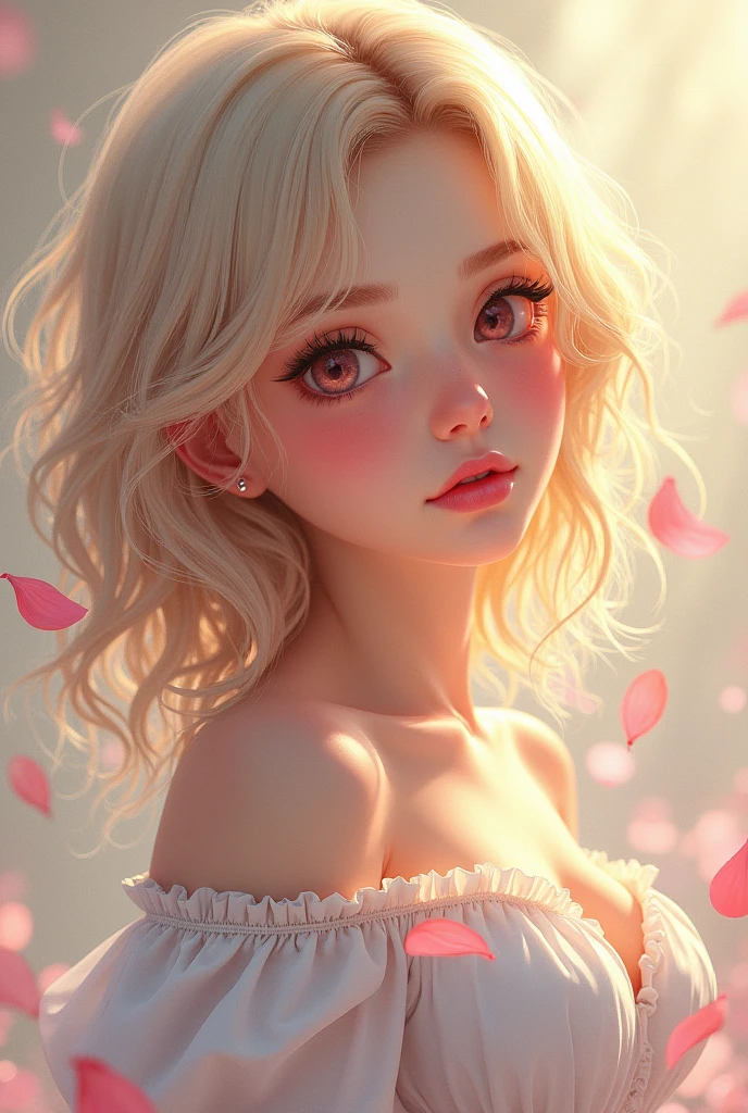 (RAW photo, best quality), (realistic, photo-realistic:1.3), best quality ,masterpiece, (cherrynobodysd15), ((big ass, large breasts)), (beautiful girl), pink lipstick, colorful makeup, long eyelashes, earrings, wearing eyeliner, fair skin, blonde hair,(cute), (detailed face), detailed eyes, detailed iris, 8k uhd, dslr, soft lighting, high quality, film grain, beautiful detailed eyes, beautiful detailed nose, vaginal detailed, realistic face, pink pussy, light smile, (highly detail face: 1.5), Fujifilm XT3, best quality, ultra-detailed, masterpiece, finely detail, highers, 8k wallpaper, pixie cut, (Superbly crafted realistic paintings), (Scandinavian girl in her early teens:1.4), girl with medium−long platinum caramel hair, Small breast bulge, (Her nipples are so large and erect that you can see them through her blouse:1.43), gentle smiley, Wearing white off-the-shoulder blouse, luminous design, pastel colors, ink dripping painting, A girl playing in the spring light, staring at viewer, (masterpiece, High quality:1.2), (8K HDR, RAW portrait:1.3), (Ultimately realistic 3D illustration), Upperbody shot, (hair waving in the wind:1.25), (Lots of beautiful petals dancing in the background:1.46), (Shining spring sunlight:1.44)