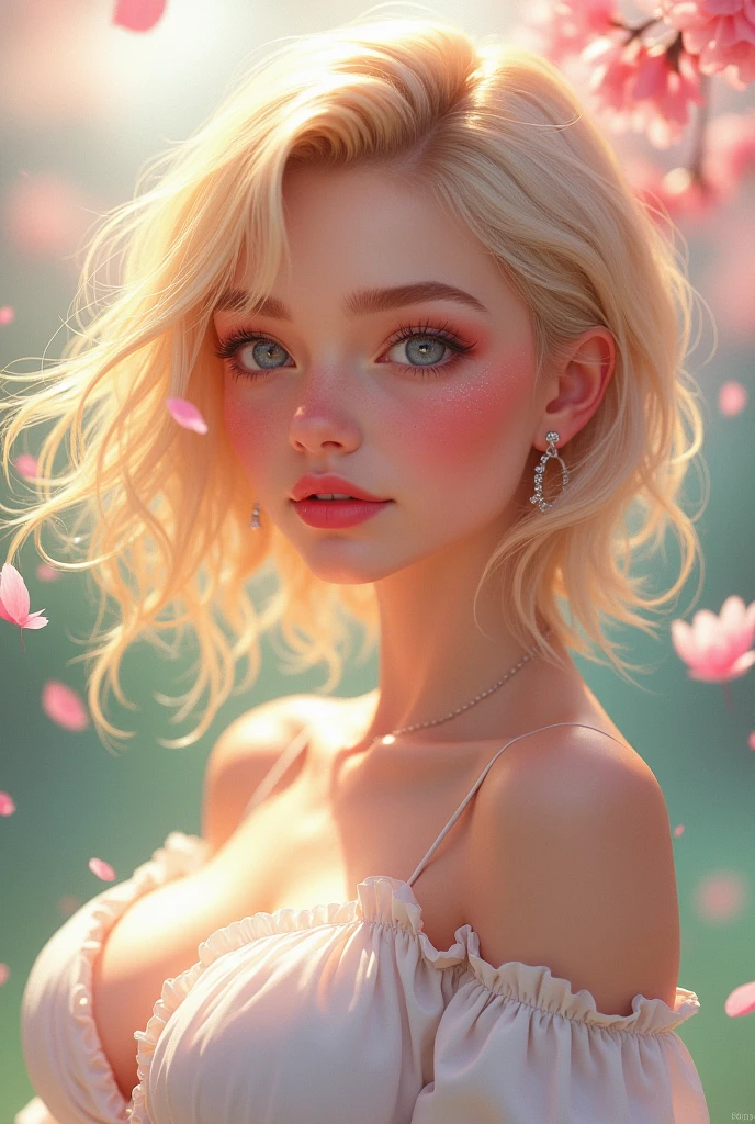 (RAW photo, best quality), (realistic, photo-realistic:1.3), best quality ,masterpiece, (cherrynobodysd15), ((big ass, large breasts)), (beautiful girl), pink lipstick, colorful makeup, long eyelashes, earrings, wearing eyeliner, fair skin, blonde hair,(cute), (detailed face), detailed eyes, detailed iris, 8k uhd, dslr, soft lighting, high quality, film grain, beautiful detailed eyes, beautiful detailed nose, vaginal detailed, realistic face, pink pussy, light smile, (highly detail face: 1.5), Fujifilm XT3, best quality, ultra-detailed, masterpiece, finely detail, highers, 8k wallpaper, pixie cut, (Superbly crafted realistic paintings), (Scandinavian girl in her early teens:1.4), girl with medium−long platinum caramel hair, Small breast bulge, (Her nipples are so large and erect that you can see them through her blouse:1.43), gentle smiley, Wearing white off-the-shoulder blouse, luminous design, pastel colors, ink dripping painting, A girl playing in the spring light, staring at viewer, (masterpiece, High quality:1.2), (8K HDR, RAW portrait:1.3), (Ultimately realistic 3D illustration), Upperbody shot, (hair waving in the wind:1.25), (Lots of beautiful petals dancing in the background:1.46), (Shining spring sunlight:1.44)