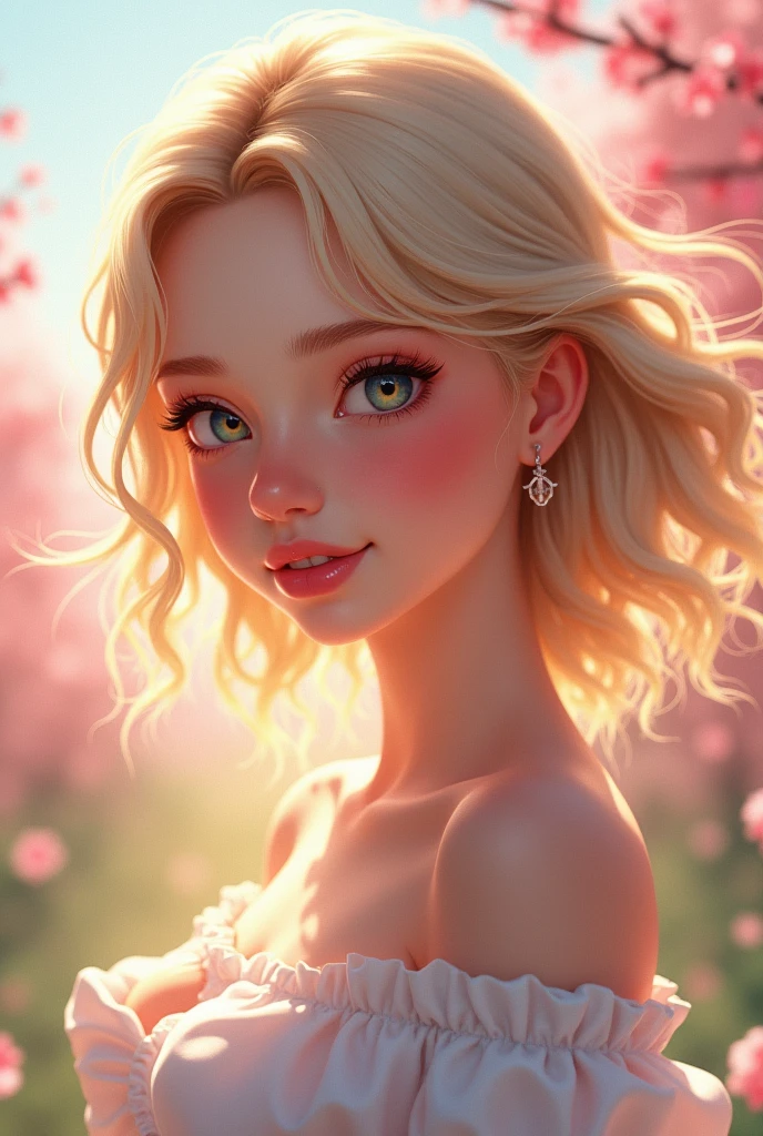 (RAW photo, best quality), (realistic, photo-realistic:1.3), best quality ,masterpiece, (cherrynobodysd15), ((big ass, large breasts)), (beautiful girl), pink lipstick, colorful makeup, long eyelashes, earrings, wearing eyeliner, fair skin, blonde hair,(cute), (detailed face), detailed eyes, detailed iris, 8k uhd, dslr, soft lighting, high quality, film grain, beautiful detailed eyes, beautiful detailed nose, vaginal detailed, realistic face, pink pussy, light smile, (highly detail face: 1.5), Fujifilm XT3, best quality, ultra-detailed, masterpiece, finely detail, highers, 8k wallpaper, pixie cut, (Superbly crafted realistic paintings), (Scandinavian girl in her early teens:1.4), girl with medium−long platinum caramel hair, Small breast bulge, (Her nipples are so large and erect that you can see them through her blouse:1.43), gentle smiley, Wearing white off-the-shoulder blouse, luminous design, pastel colors, ink dripping painting, A girl playing in the spring light, staring at viewer, (masterpiece, High quality:1.2), (8K HDR, RAW portrait:1.3), (Ultimately realistic 3D illustration), Upperbody shot, (hair waving in the wind:1.25), (Lots of beautiful petals dancing in the background:1.46), (Shining spring sunlight:1.44)