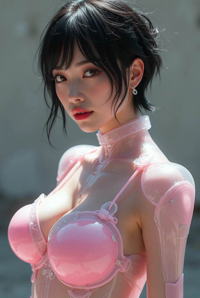 (RAW photo, best quality), (realistic, photo-realistic:1.3), best quality ,masterpiece, (cherrynobodysd15), ((big ass, Huge breasts)), (beautiful girl), pink lipstick, colorful makeup, long eyelashes, earrings, wearing eyeliner, fair skin, Platinum black hair, (cute), (detailed face), detailed eyes, detailed iris, 8k uhd, dslr, soft lighting, high quality, film grain, beautiful detailed eyes, beautiful detailed nose, vaginal detailed, realistic face, pink pussy, light smile, (highly detail face: 1.5), Fujifilm XT3, best quality, ultra-detailed, masterpiece, finely detail, highers, 8k wallpaper, pixie cut, (1girl fullbody:1.3), solo,__body-parts__, official art, unity 8k wallpaper, ultra-detailed, aesthetically pleasing, beautiful, masterpiece, top quality, raw portrait, masterpiece, super fine photo, top quality, ultra-high-resolution, graphic, sunlight Full Body Portrait, stunningly beautiful,, dynamic pose, delicate face, vibrant eyes, (gentle smiley), (looking at viewer), (A fighting pose:1.4), she is wearing a futuristic transparent mecha body conscious suit, light−pink and Silver, highly detailed abandoned warehouse background, detailed face, detailed and complex background, Platinum black messy hair, gorgeous, milky white Beautiful Skin, Highly Detailed Skin, Realistic Skin Details, Realistic Skin Texture, Visible Pores, Sharp Focus, Volume Fog, 8k uhd, DSLR Camera, High Quality, Film Grain, White Skin, Photorealism, Lomography, Futuristic Dystopian Sprawling Metropolis, View From Below, Translucentbody conscious suites