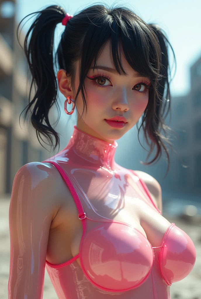(RAW photo, best quality), (realistic, photo-realistic:1.3), best quality ,masterpiece, (Extreme transparent cherry body:1.51), ((big , )), (beautiful girl), pink lipstick, colorful makeup, long eyelashes, earrings, wearing eyeliner, fair skin, (((Platinum black hair twintails))), (), (detailed face), detailed eyes, detailed iris, 8k uhd, dslr, soft lighting, high quality, film grain, beautiful detailed eyes, beautiful detailed nose,  detailed, realistic face, pink pussy, light smile, (highly detail face: 1.5), Fujifilm XT3, best quality, ultra-detailed, masterpiece, finely detail, highers, 8k wallpaper, pixie cut, (1girl fullbody:1.3), solo,__body-parts__, official art, unity 8k wallpaper, ultra-detailed, aesthetically pleasing, beautiful, masterpiece, top quality, raw portrait, masterpiece, super fine photo, top quality, ultra-high-resolution, graphic, sunlight Full Body Portrait, stunningly beautiful,, dynamic pose, delicate face, vibrant eyes, (gentle smiley), (looking at viewer), (A fighting pose:1.4), she is wearing a futuristic transparent mecha body conscious suit, light−pink and Silver, highly detailed abandoned warehouse background, detailed face, detailed and complex background, Platinum black messy hair, gorgeous, milky white Beautiful Skin, Highly Detailed Skin, Realistic Skin Details, Realistic Skin Texture, Visible Pores, Sharp Focus, Volume Fog, 8k uhd, DSLR Camera, High Quality, Film Grain, White Skin, Photorealism, Lomography, Futuristic Dystopian Sprawling Metropolis, View From Below, Translucentbody conscious suites, (A devastated world:1.47)