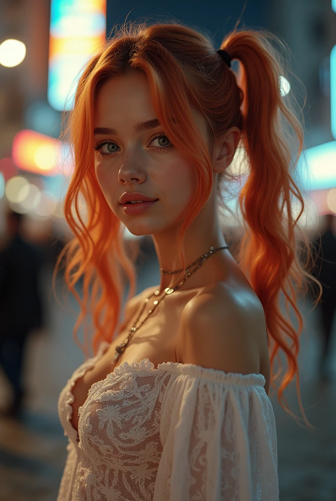 (((Extreme Close Fullbody Shot))), Beautiful Caucasian Girl with Platinum−Orange Hair, (Messy twintails hair), gentle smiley, 8K resolution, masterpiece, A highly detailed, solo, ((Background is midnight of underground city)), Tilt Shot, staggering, Ecstatic, Street Fashion, Transparent Tube Tops, Looking at viewers, official art, unity 8k wallpaper, ultra detailed, beautiful and aesthetic, masterpiece, best quality, (zentangle, mandala, tangle, entangle), (fractal art:1.3) , 1girl, extremely detailed, dynamic angle, cowboyshot, the most beautiful form of chaos, elegant, a brutalist designed, vivid colours, romanticism, by james jean, roby dwi antono, ross tran, francis bacon, michal mraz, adrian ghenie, petra cortright, gerhard richter, takato yamamoto, ashley wood, atmospheric, ecstasy of musical notes, streaming musical notes visible, Highest Quality, masterpiece , (realistic:1.2), One Girl , brown haired, Brown Eyes , taken from the front, A detailed face, beautidful eyes, Portrait of European girl, solos, 28 years old, beautiful face, upsur body, hair over one eye, medium sidecut, medium long platinum blonde hair, boobs sharp focus, in jet black Italian business suit, Background of Renaissance Sculpture, Masterpiece, Top Quality, Figure, Very Detailed, Fine Details, High Resolution, Raw Photo, 8K resolution Wallpaper, Perfect Dynamic Composition, (gorgeous wavy medium−long caramel hair updo,style) (Lascivious superciliousness), Beautifully Detailed Eyes , Long False Eyelashes, Natural Lips, Gentle Smiley, (Extreme transparent Sexy Knit Dress, Virgin Killer Gorgeous All−Lace Platinum Pink Knit, Coarse knit sweater:1.3), Big Tits Same, Deep Cleavage, (Superbly crafted realistic paintings), (Scandinavian girl in her early teens:1.4), girl with medium−long platinum caramel hair, Small breast bulge, (Her nipples are so large and erect that you can see them through her blouse:1.43), gentle smiley, Wearing white off-the-shoulder blouse, luminous design, pastel colors
