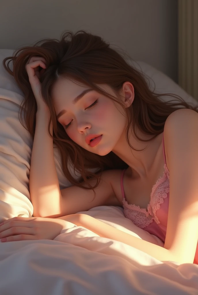sleeping girl, , realistic , she is wearing pink panties, she is wearing pink doll nightie, light brown hair, medium long hair with gorgeous weaves, (Sleeping on one's stomach:1.4), Deep cameltoe