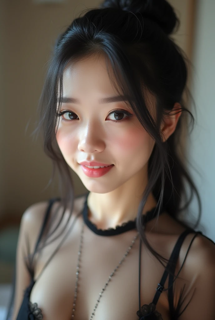 (Extreme Close Upperbody Milf in), Real Japanese wife Ecchi wife, Erotic wife, kawaii wife, Cutest wife, (face wife), (Platinum Black updo hairstyle), gentle smile, photo wearing a transparent tight micro−mini blouse, Huge breasts, (Gaudy make-up, long false eyelashes, Lips full of moisture, parted lips:1.3), sexy high resolution intricate details deep details, Full HD, porcelain skin, front on camera, Upper body, (Gestures of shaking hair:1.4)