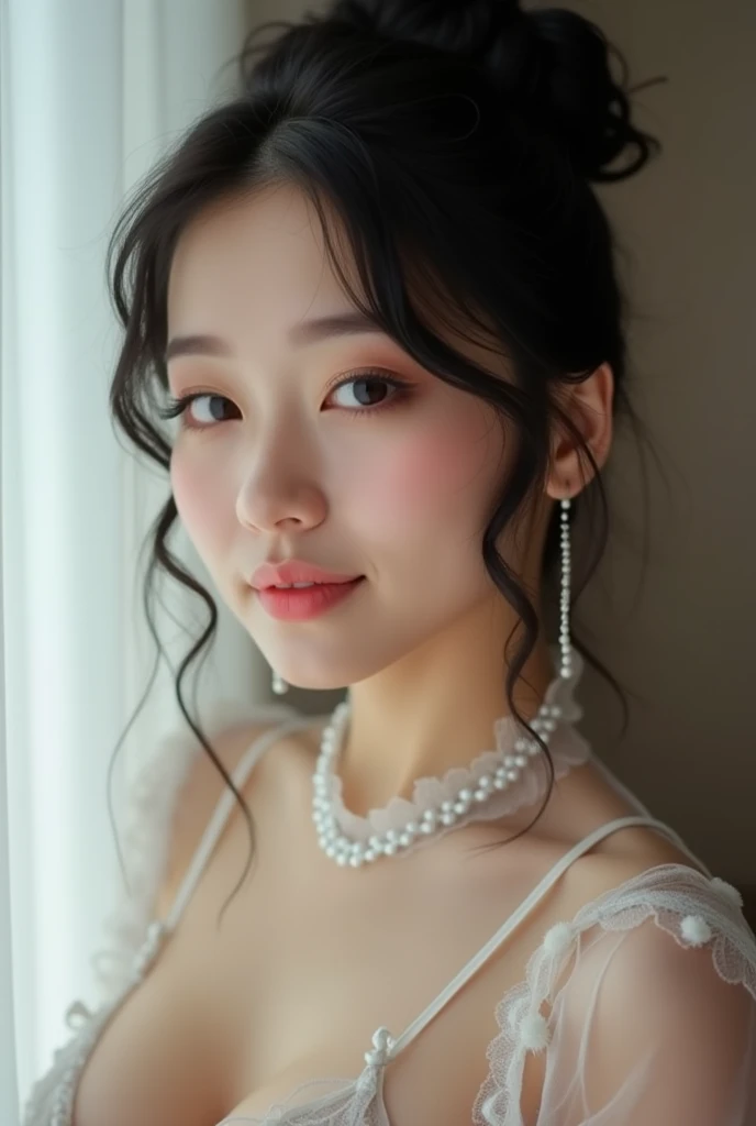 (Extreme Close Upperbody Milf in), Real Japanese wife Ecchi wife, Erotic wife, kawaii wife, Cutest wife, (face wife), (Platinum Black updo hairstyle), gentle smile, photo wearing a transparent tight micro−mini blouse, Huge breasts, (Gaudy make-up, long false eyelashes, Lips full of moisture, parted lips:1.3), sexy high resolution intricate details deep details, Full HD, porcelain skin, front on camera, Upper body, (Gestures of shaking hair:1.4)