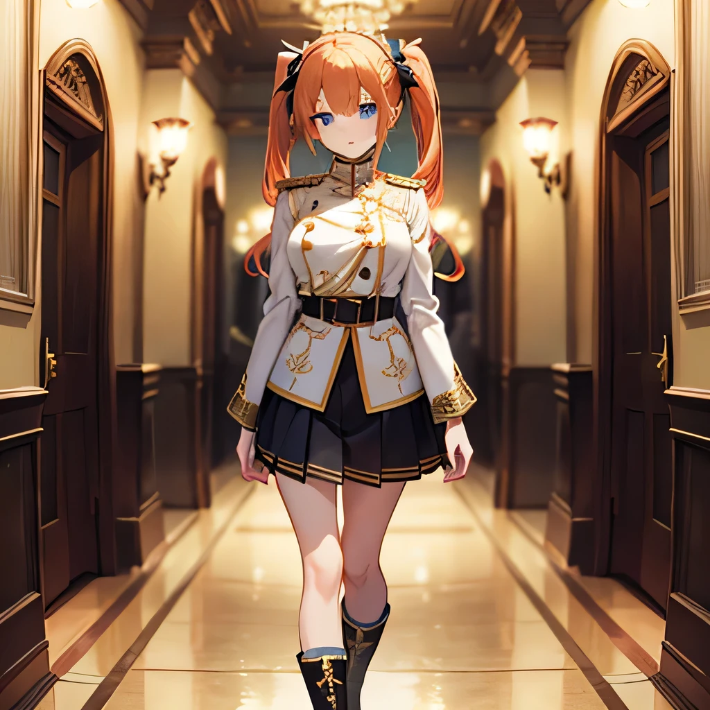 "A young woman with bright orange hair styled in short pigtails, wearing a black military-inspired uniform with gold accents. The outfit features a structured design with ornate embroidery on the chest, a double-breasted jacket, and a knee-length skirt with gold detailing. She has blue eyes and a gentle expression, standing in a bright, ornate hallway with a soft glow. Her boots are knee-high, adorned with decorative bows and gold patterns."
Style: Anime-style illustration, highly detailed, soft lighting.
Background: A luminous, elegant hallway with an ethereal atmosphere.