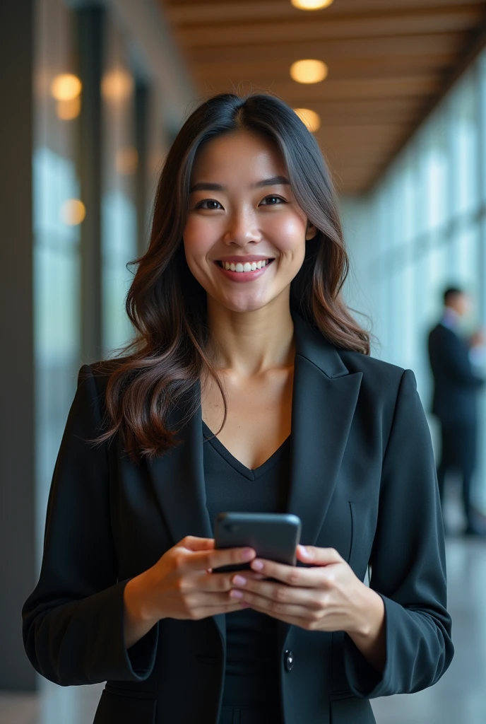 A beautiful fair-skinned Malay woman with her hair down is holding an iPhone and smiling., wear work clothes