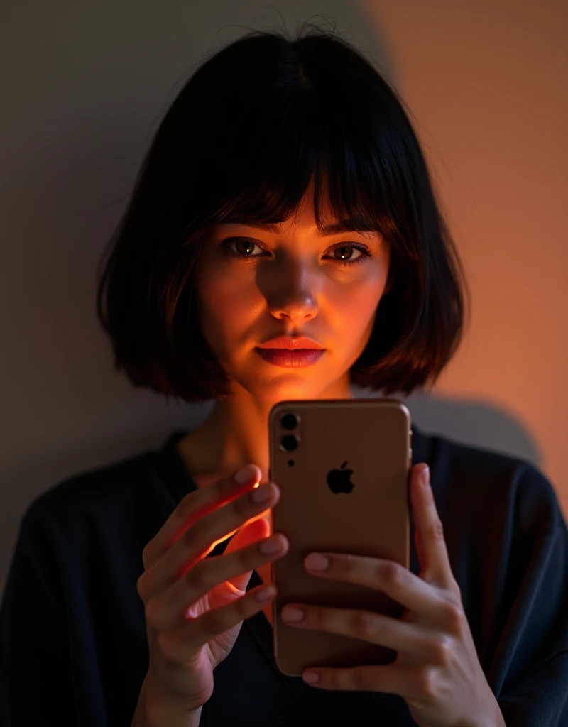 a young girl with delicate face, thick eyebrows, long red dyed hair with bangs, dark eyes, holding an iphone, big black nails, wearing a sweatshirt, (best quality,4k,8k,highres,masterpiece:1.2),ultra-detailed,(realistic,photorealistic,photo-realistic:1.37),detailed eyes,detailed lips,extremely detailed face,longeyelashes,cinematic lighting,cinematic colors,warm tones,intricate details

