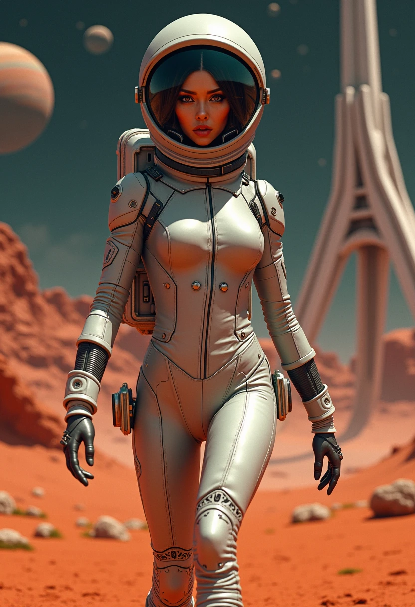 Hyperrealistic of a beautiful young woman in rusty white spacesuit in the style of Möbius , beautiful breasts, surface of Mars background ,dynamic pose, medium long shot, soft lighting , gentle shadows, dim light, dark fantasy,