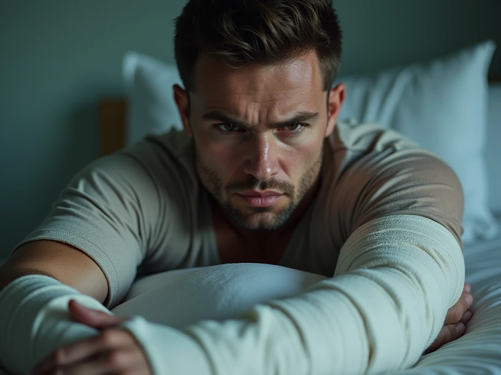 A realistic image of a  well built muscle white man lying on a bed with nominal bullet wounds visible on his chest, covered by bandages. 