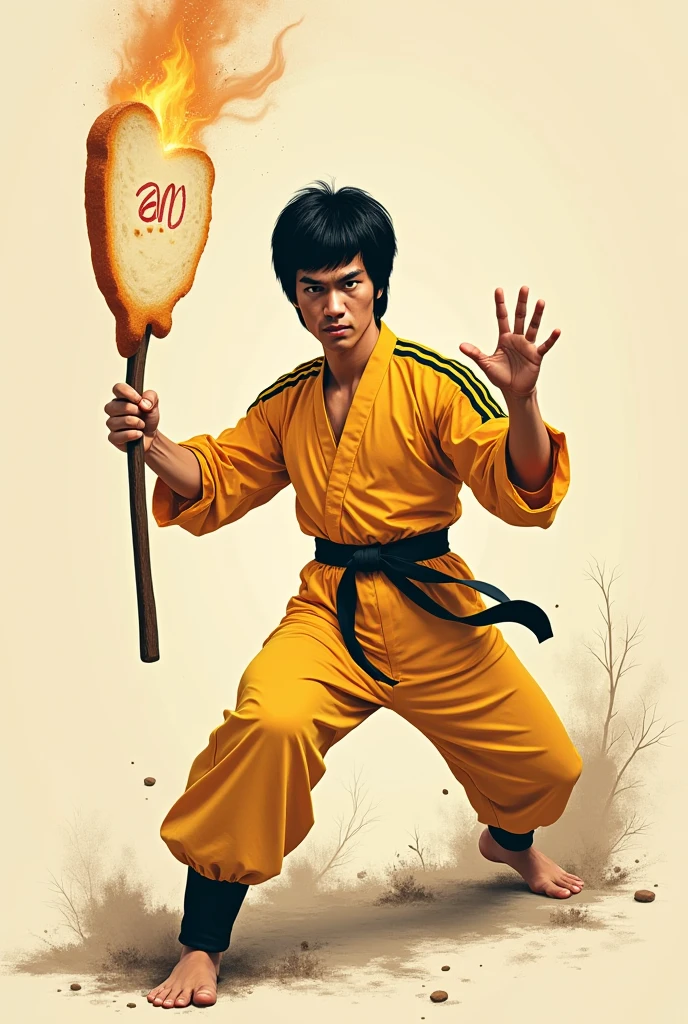 Photo. young Indonesian man wearing yellow Bruce Lee clothes. styled like Bruce Lee holding two long eggplants in his hands at the Great Wall of China. best quality. very detailed. hyper realistic