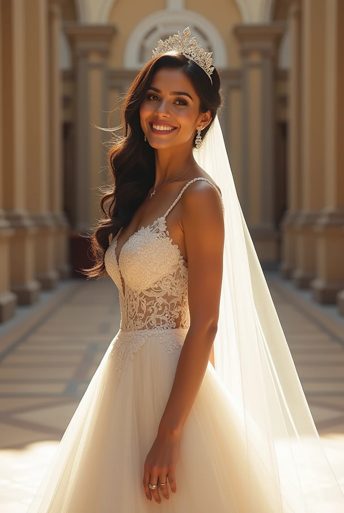 Realistic full body photo of a smiling brunette girl with long hair, She dances in front of the camera in a long A-line wedding dress with straps made of shiny satin., Park,glamour fotoshooting, Wedding celebration, perfect anatomy, perfect brown eyes. Perfect hands with 5 fingers on each hand, Matching girl, look into the camera, 1 Frau. (Eye make up:1.1), (highly detailed skin:1.1), spirit, analog style, keen focus, 8K UHD, dslr, good quality, Fujifilm XT3, Grain, Award-winning, masterpiece. Wedding celebration
