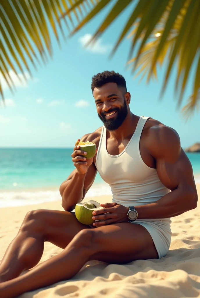 Old black man, smiling, drinking green herbal drink in glass, standing in garden, other hand thumbs up, sunlight and clouds