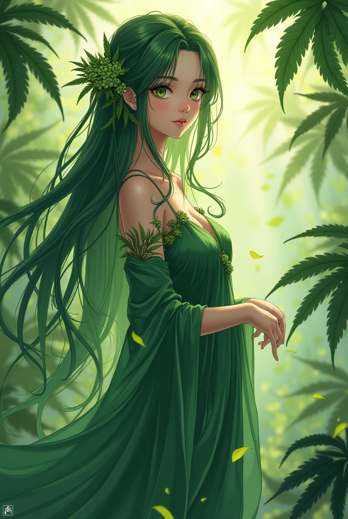 Cannabis Goddess, Oval cannabis leaf border (masterpiece illustration, best quality, watercolor effect:1.2), exquisite cannabis dryad,(1girl), green eyes, leafy cannabis hair adornment, cannabis features,(floating+dynamic pose+dynamic angle:1.2), detailed features, nature elements,clouds or mist,wavy hair, floating cannabis leaves