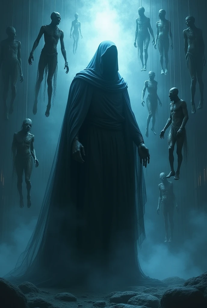 "A dark and surreal scene centered on a Greek god-like figure wearing a black cloak. The figure is imbued with a mystical, divine aura while hovering around him are marionettes hanging in various distorted and grotesque poses. The background is a mysterious, cold blue light illuminates the god, highlighting the details of the cloak and the floating figures.The whole scene is dramatic, mythic and surreal atmosphere, with a mix of ancient Greek aesthetics and elements of supernatural horror."