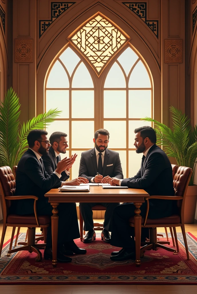 Visual: Umar led the meeting with the companions around him, show a firm but fair attitude, with books and legal notes in front of him.
