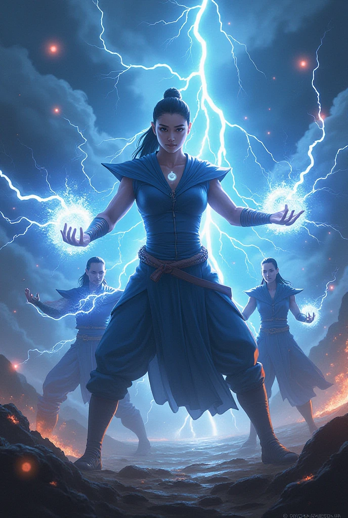 (Masterpiece, Top quality, Best quality, offcial art, Beautiful and aesthetic:1.2), (1girll:1.3), Dark blue braided hair, Extremely detailed, Portrait, view the viewer, Solo, (full bodyesbian:0.6), Detailed background, Close up, (Cool sci-fi space theme:1.1), ((((Blue skin)))), Extremely plump witch, quackery, mysterious, Cast spells in space, Four arms, White and gold robes are exposed, Fingerless gloves, Long gloves, Glowing magical energy, white blindfold, Delicate headgear, Golden ceremonial crown, Sheer white fabric, Elegant robes, a skirt, Streamers, cowl, Cape, sandals, Bracers, ((((Comic style，comic book illustration，Comic storyboard)))), Slim waist, slim hip, Long legs, sport, space, Futuristic moon, (Spatial appearance:1.1) Background, Dark and mysterious lights, Shadows, Magical atmosphere, Dutch angle